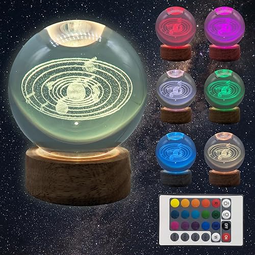 TUUWAI Bola de cristal del sistema solar 3D con lámpara LED, luz nocturna de base de madera colorida con bola brillante extraíble, luz cambiante de