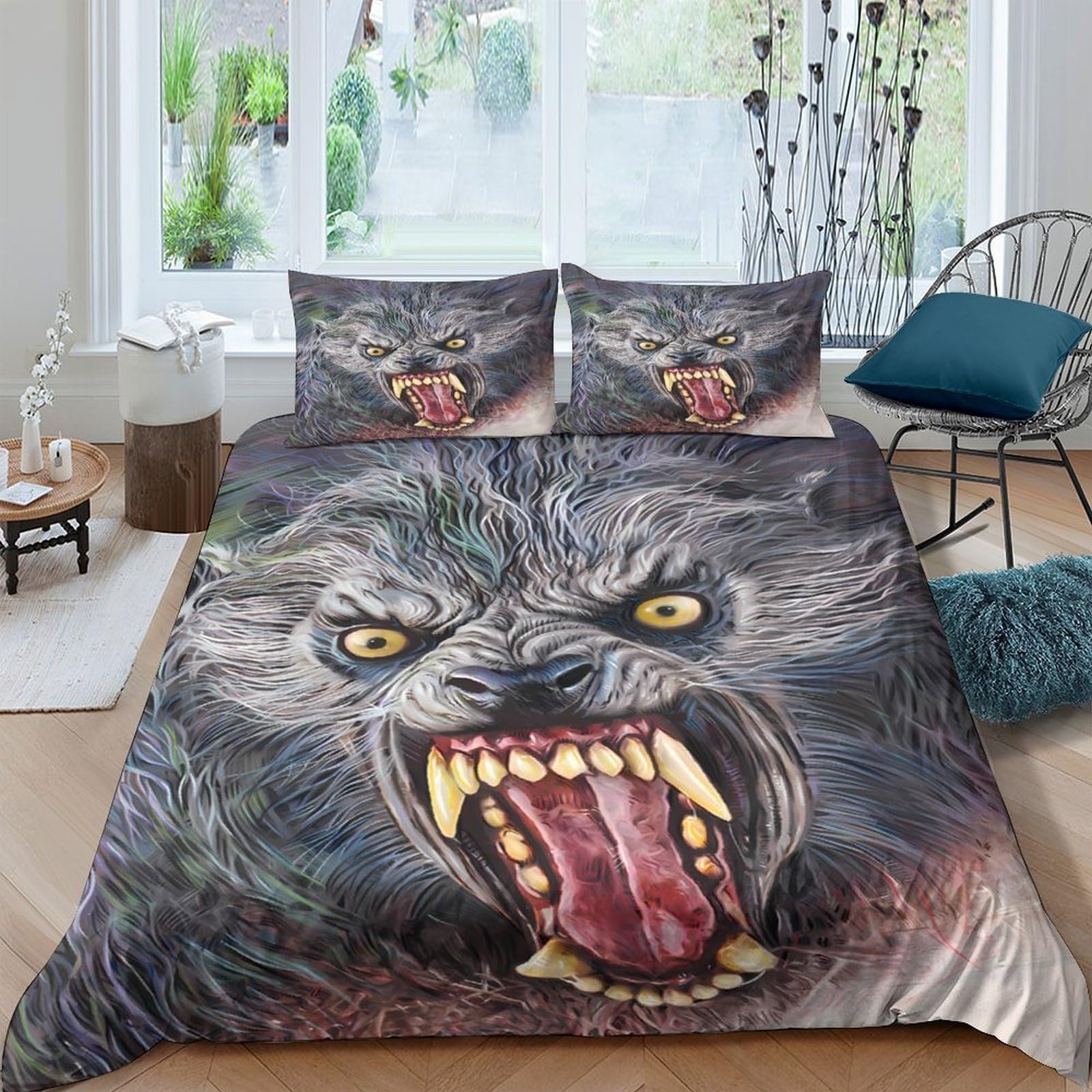 Ctjqhvkz Style-2 3D Printed Fierce Wolf Fitted Sheet Microfiber Soft Breathable Angry Beast Mattress Cover For Bedroom Dorm Decor Single（135X200cm）