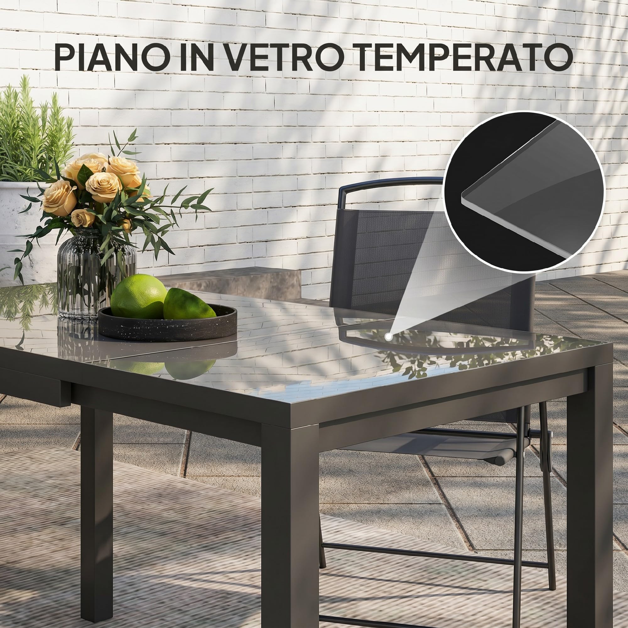 Outsunny Tavolo da Giardino Allungabile da 85/125x70x73 cm Grigio Scuro | Tavola da Pranzo Estensibile, per 4-6 Persone, Rettangolare, in Alluminio, con Piano in Vetro, per Patio Terrazzo, Esterno
