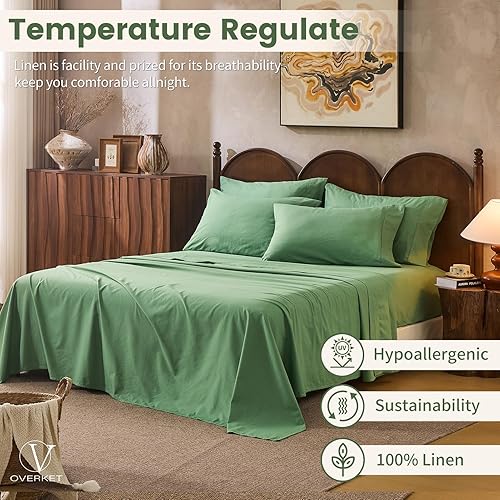 Miniatura 5 de Juego de sábanas 100 % de lino, transpirables y duraderas, 4 piezas, ropa de cama suave para todas las estaciones para personas que duermen con