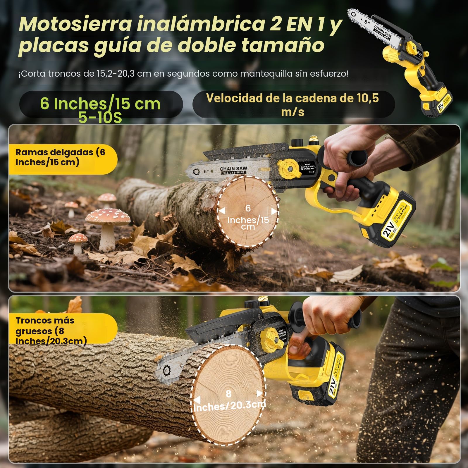 Mini Motosierra Bateria 8000 Mah Con 1000w Motor Sin Escobillas, Con Depósito De Aceite, Equipado Con, Puede Cortar Ramas De 8 y 6 Pulgadascon Bomba De Aceite y Cadena De Repuesto