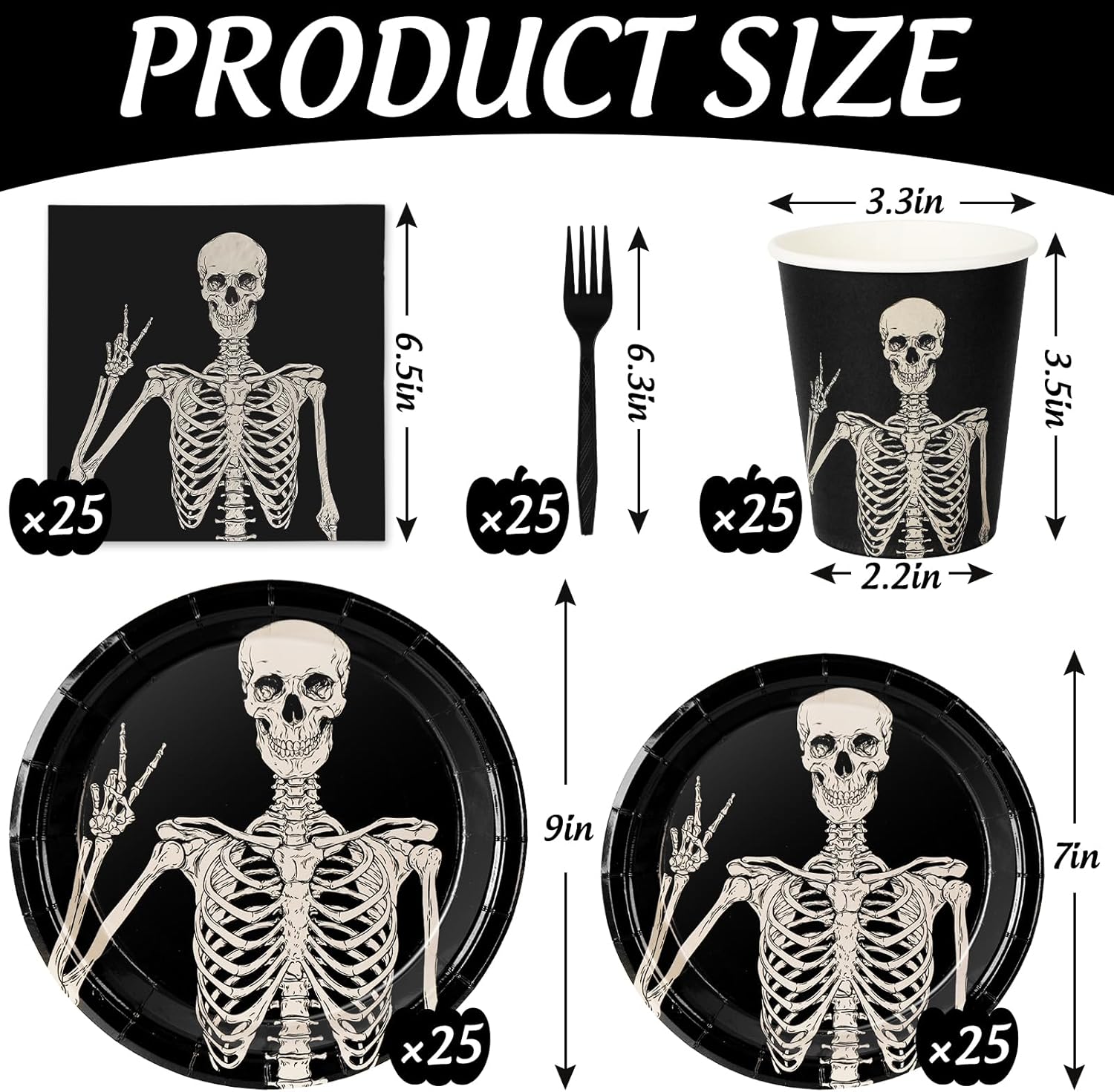 JarThenaAMCS Halloween Tableware Set Smiling Skeleton Disposable Party Supplies Black 9 &7 Inch Paper Plates 6.5 Inch Napkins Cups and Cutlery for 25 Guests
