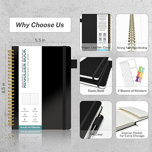 Miniatura 4 de Regolden-Book Cuaderno con rayas en espiral, diario de tapa dura a rayas para tomar notas, papel grueso de 3.53 ozm con bolsillo para hombres y