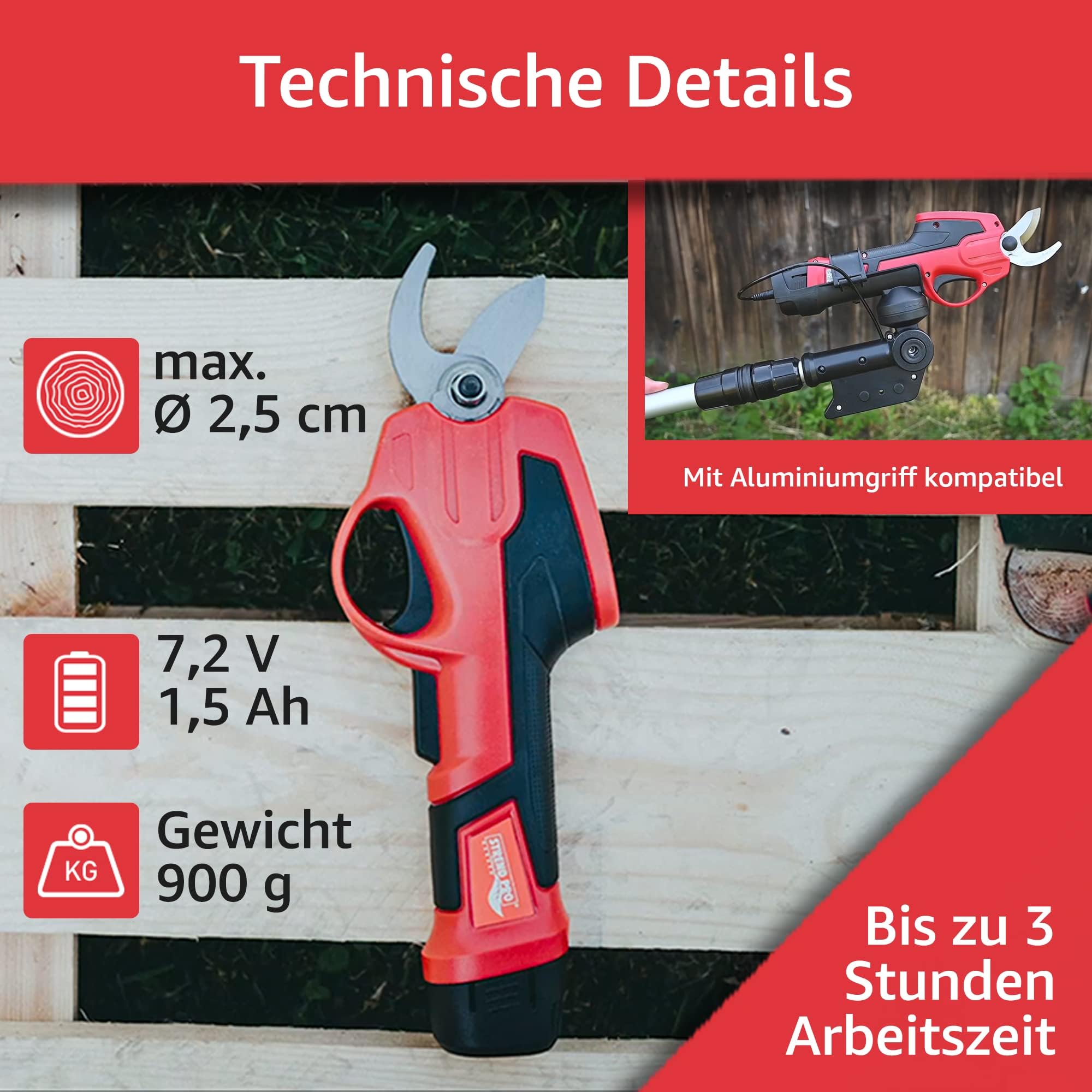 STREND PRO Akku Elektrische Astschere Teleskop | für einfach Garten und Baum Beschneiden | max. 22mm, 170cm Lang teleskopstiel Getriebe gartenschere | 1 x 7.2V Akku enthalten | Akkuschere, Baumschere