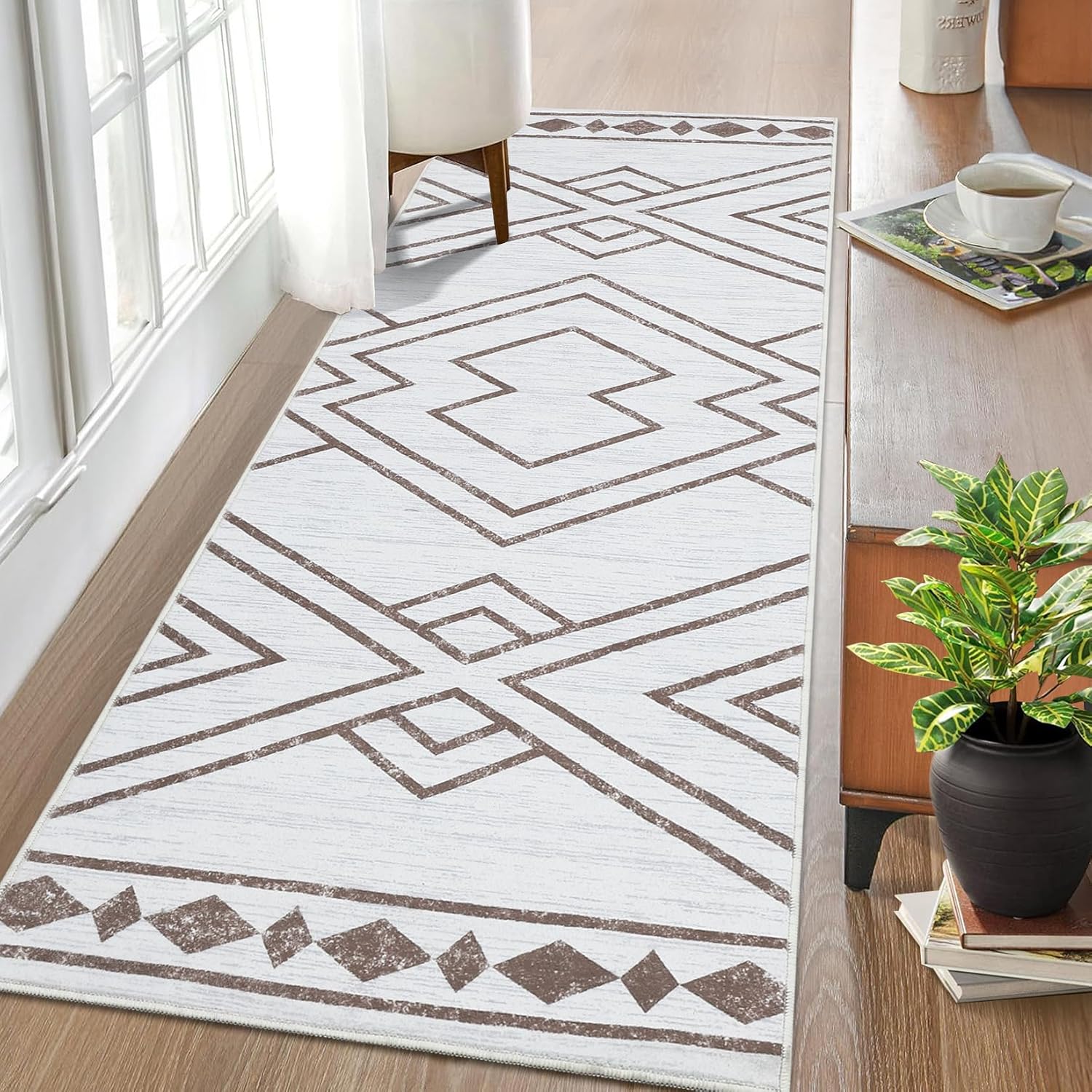 FairOnly Boho Runner Rug 2x6, Moroccan Modern Rug Geometric Hallway Rug Washable Rugs Runner Indoor Non-Slip Kitchen Runner Rug Distressed Rubber Backing Runners Carpet for Entryway Bedroom