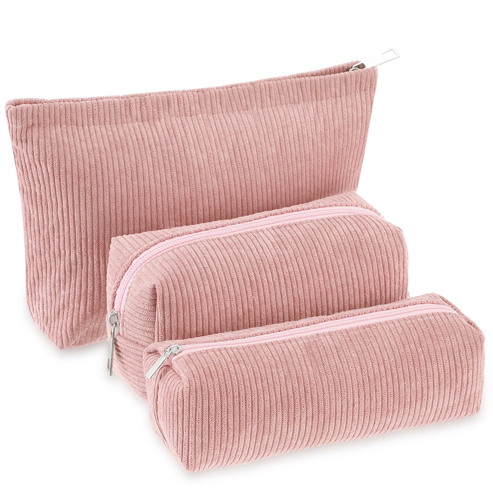 Huhumy3 Pcs Makeup Bag Corduroy Cosmetic Bag Aesthetic Cute Preppy Makeup Bags for Women Smile Small Makeup Purse Pouch Travel Toiletry Bag Set Makeup Organizer with Zipper, Pink, Solid Style