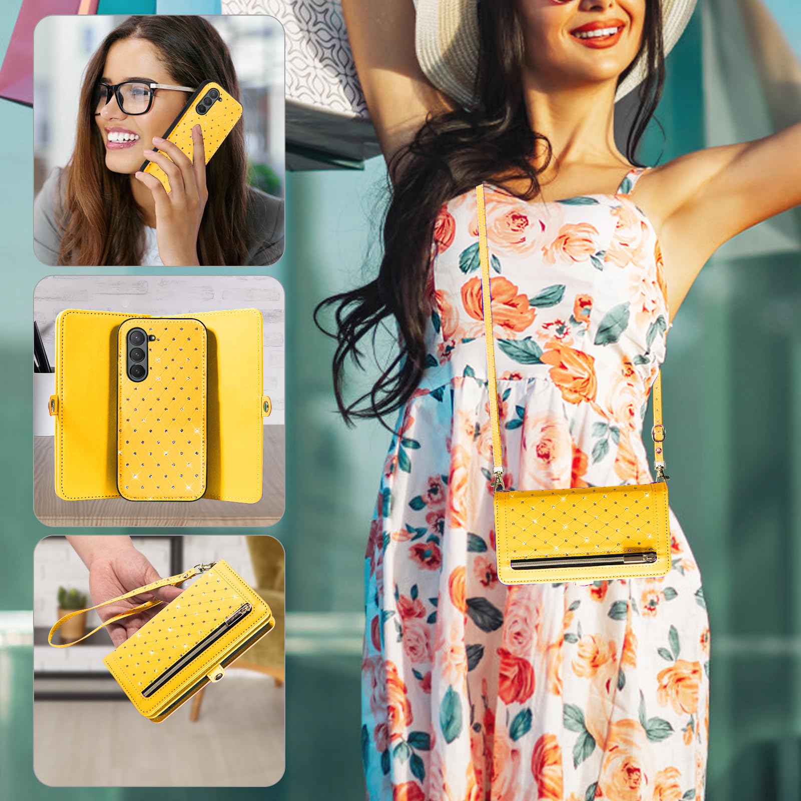 Custodia per Samsung Galaxy Z Fold 5 5G 2023 Portafoglio con cerniera Custodia magnetica staccabile a tracolla Cordino Bling Glitter Flip Porta carte di credito Slot ZFold5 Z5 G Fold5 5Z Donna Giallo