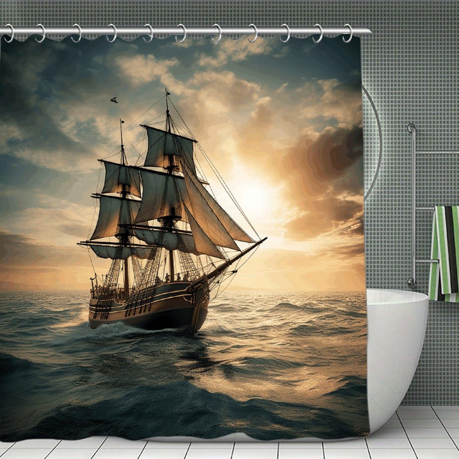 VstaDank Ship Sailing Alone Bath Curtain Elegant Heavy Duty Shower Curtains 70x70 in Rustic Farmhouse Cloth Shower Curtains Neutral Modern Bath Curtain for Bathroom