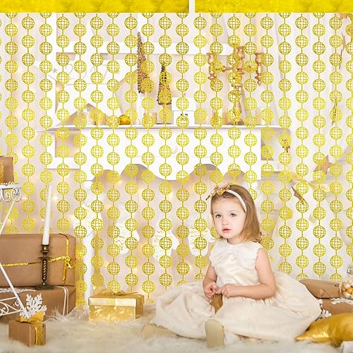 Miniatura 4 de Whaline Paquete de 2 cortinas de aluminio de bola de discoteca con flecos dorados, accesorios para cabina de fotos, cortinas de flecos de papel de