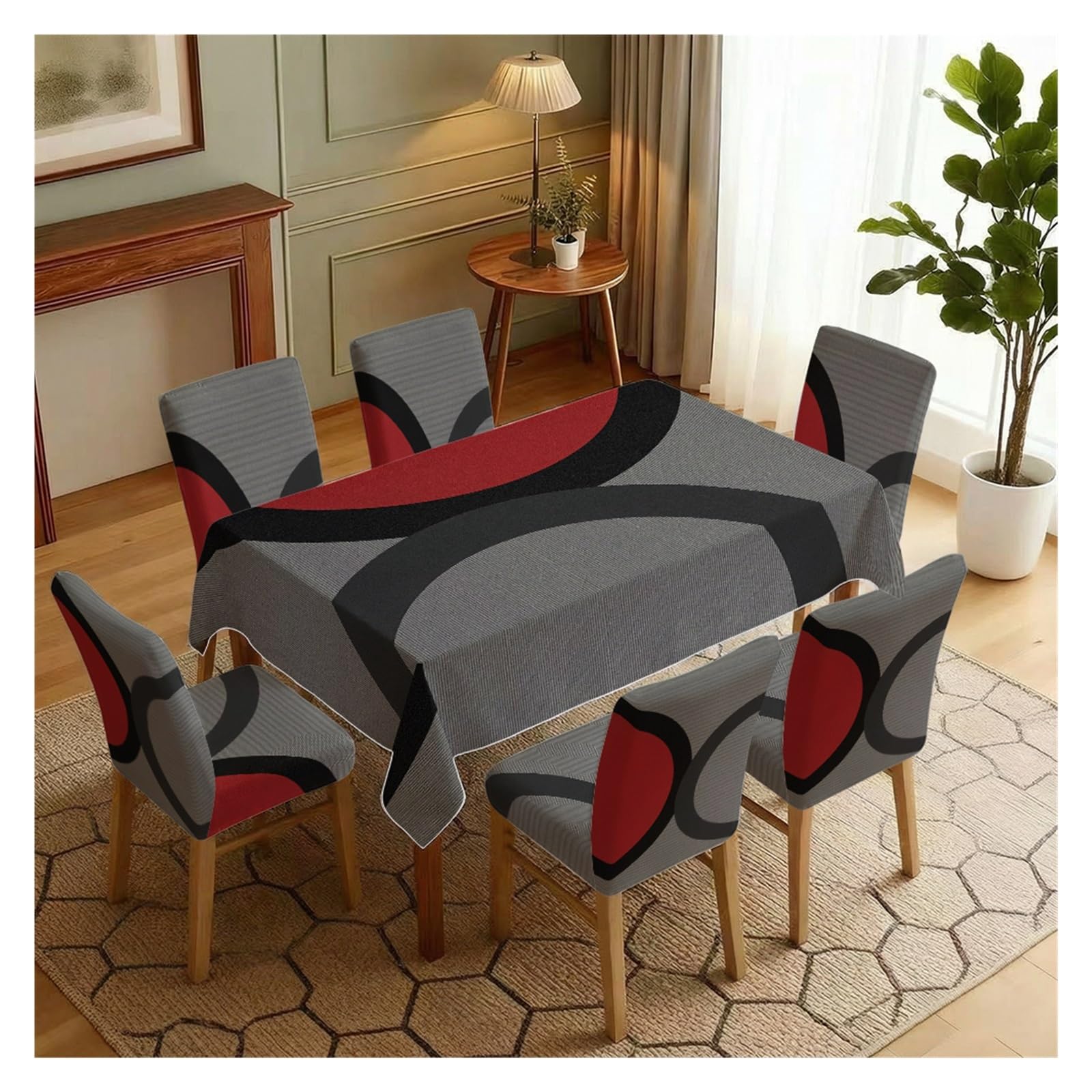 BOSUYBN Red Black Grey Geometric Pattern Dining Tablecloth & Chair Covers Set, 5/7 Piece Modern Minimalist Home Decor Table Setting(7pcs Set: Tablecloth+Chair Covers)