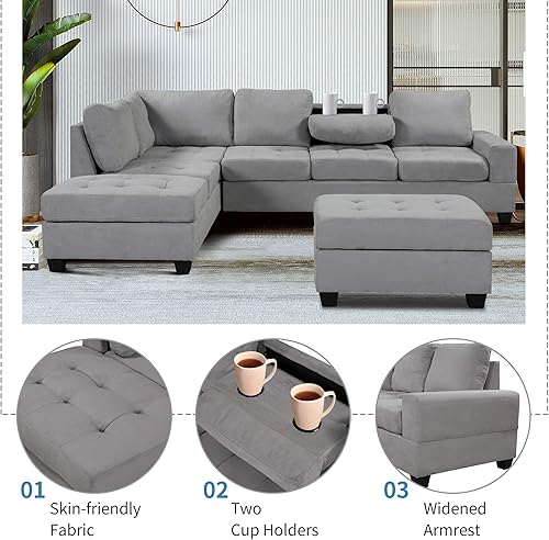 Miniatura 5 de Juego de sofá seccional en forma de L, juegos de muebles de sala de estar, sofá modular de esquina con otomana de almacenamiento, diván reversible y