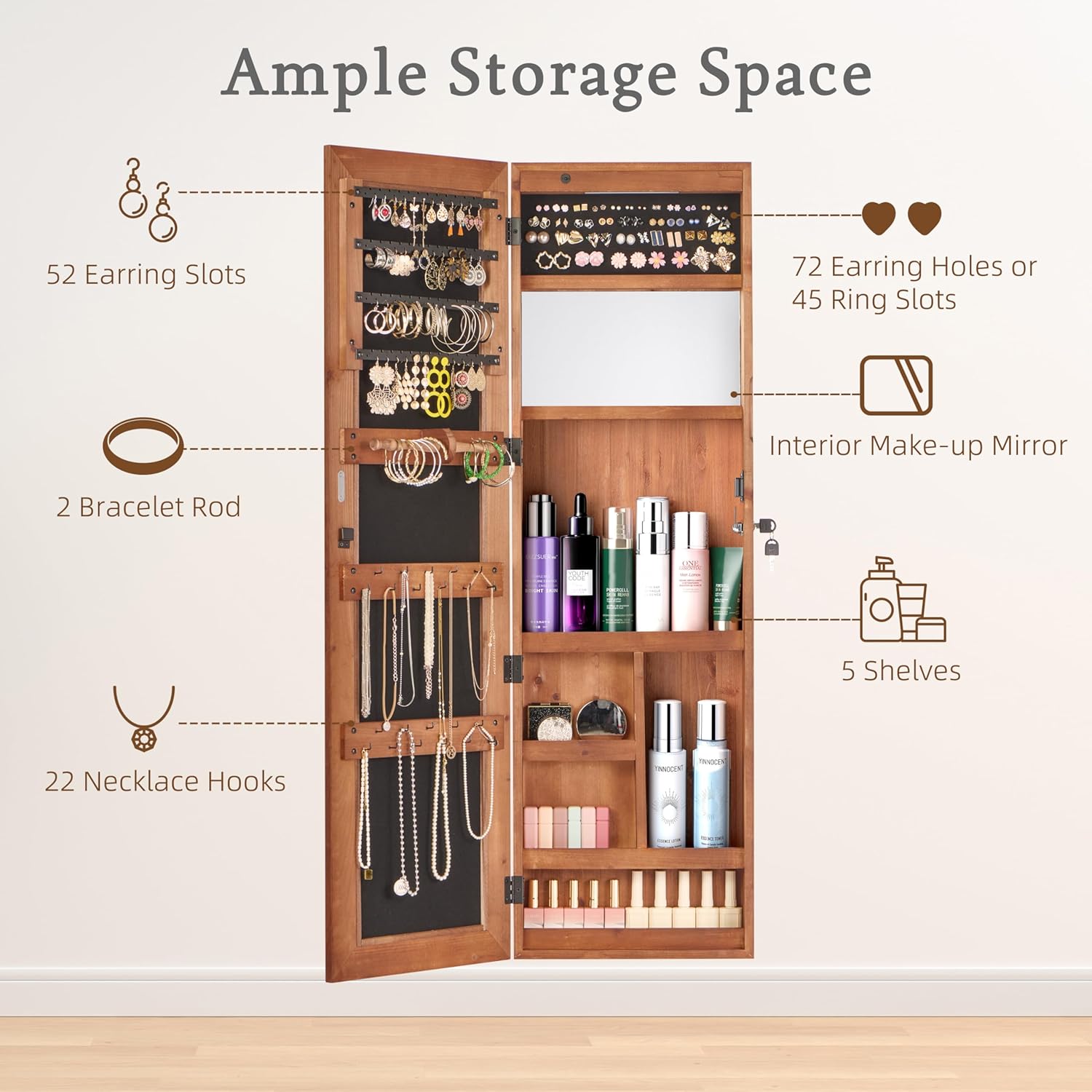 Jewelry Armoire Organizer with Full-Length Mirror: Wall-Mounted Lockable Solid Wood Cabinet with LED Light & Multiple Compartments - For Women's Bedroom Vanity & Closet Jewelry Storage Org