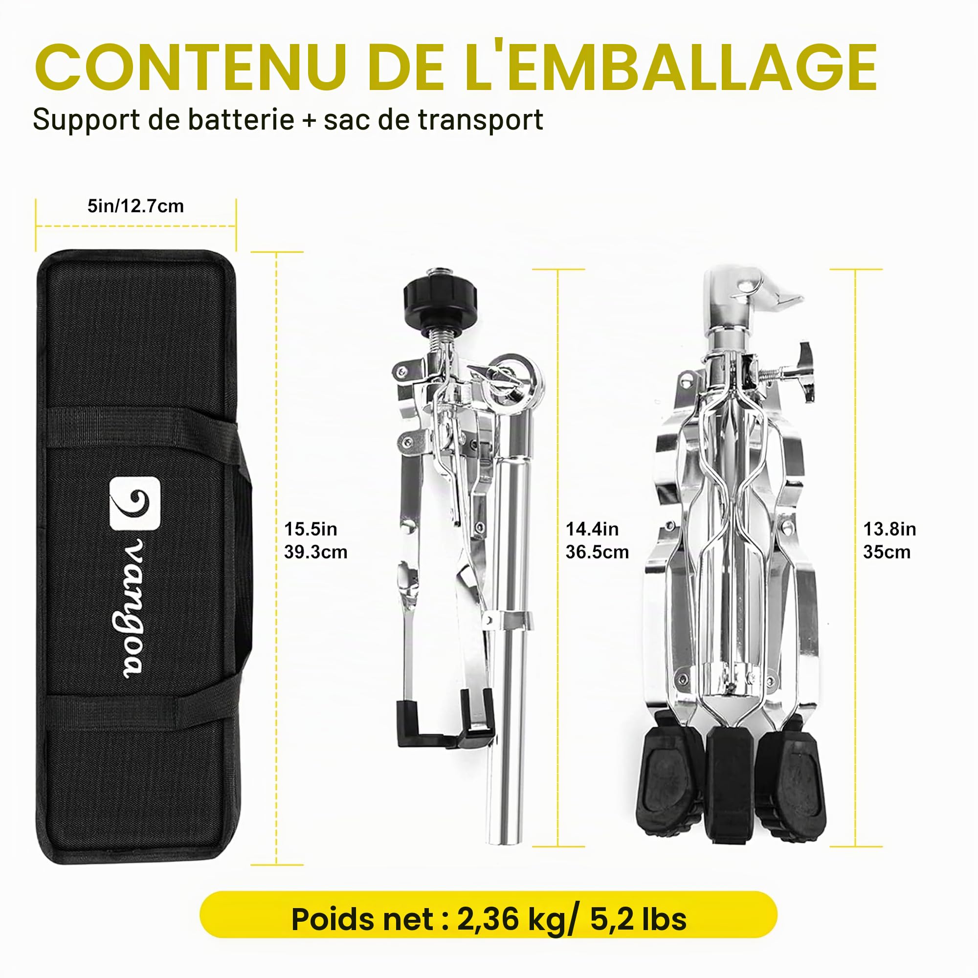 Vangoa Support Pour Caisse Claire Stand,Pied Caisse Pour Claires Léger À Hauteur Réglable De 41 À 60 Cm Avec Double Renfort Et Sac De Transport Pour De 10" À 15"