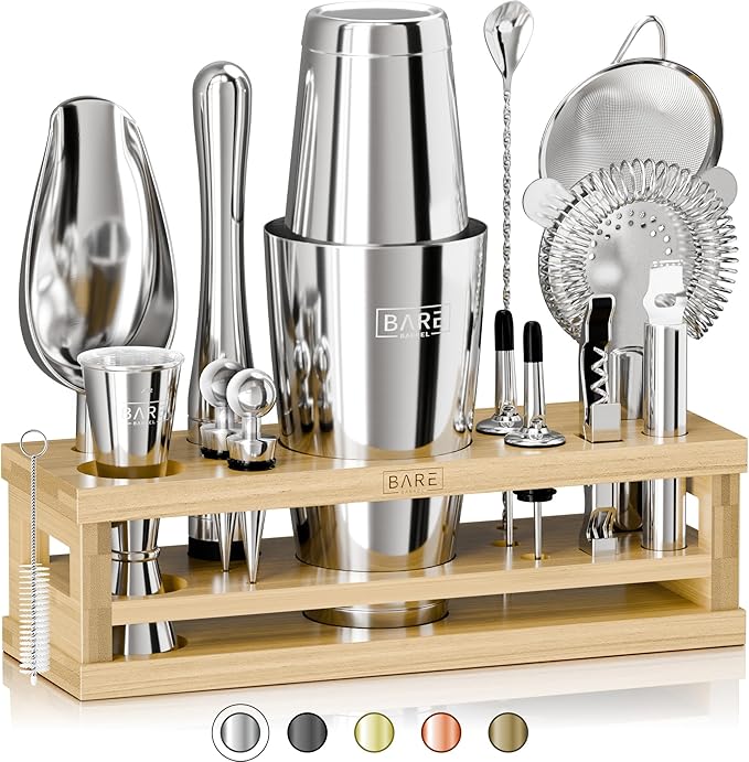 BARE BARREL® Mixology Bartender Kit Bar Set | 16-Piece Cocktail Shaker Set | Martini Barware Mixing Tools for Home Bartending | Incl. 35 Recipe Cards | Gift Set (28oz Boston Shaker, Silver/Natural)