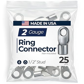 25 Pcs Non-Insulated 2 AWG Gauge Ring Connector - 1/2" Stud Wire Terminal - Pure Copper & V-Grooves Serrations for Strong Crimps & Corrosion Resistance - Made in USA