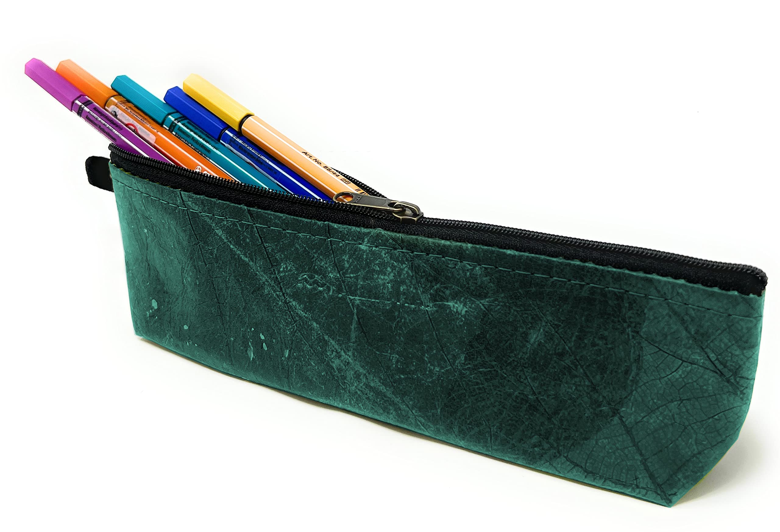 NELUHA Small Teak Leaf Pencil Case, Vegan Sustainable Leather Alternative - Turquoise, 3-Compartment Zipper Pencil Case - Image 4