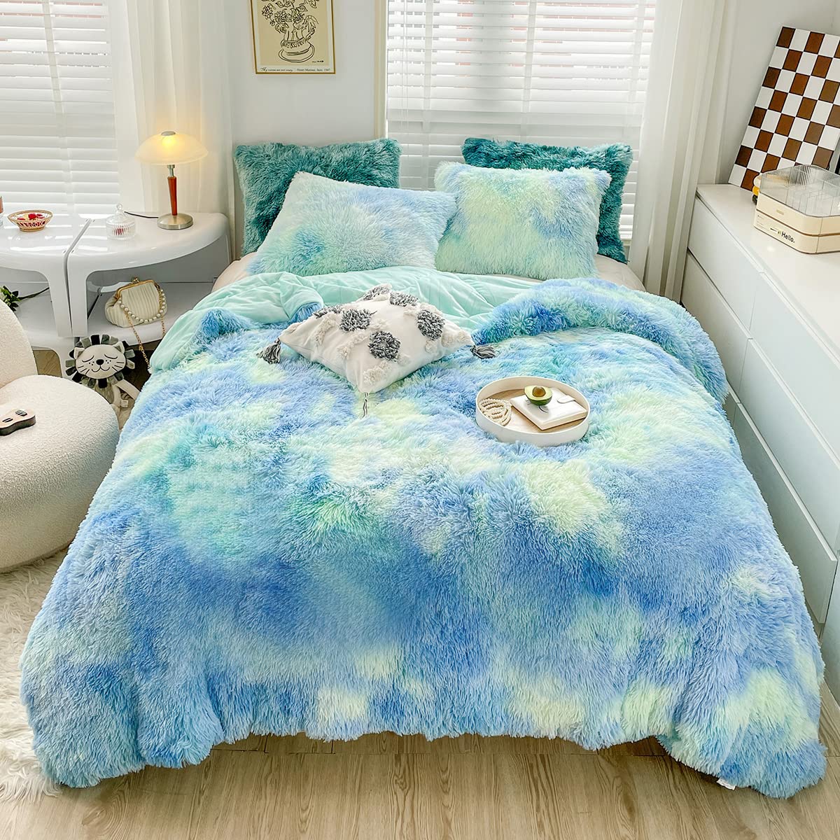 Jameswish Shaggy Plush Duvet Cover Set Super Soft Fluffy Faux Fur Comforter Cover Set Luxury Fuzzy Bedding Set 3 Piece(1Duvet Cover+2Pillowcases) with Zipper Clusure(Blue Green Ombre,Full Size)