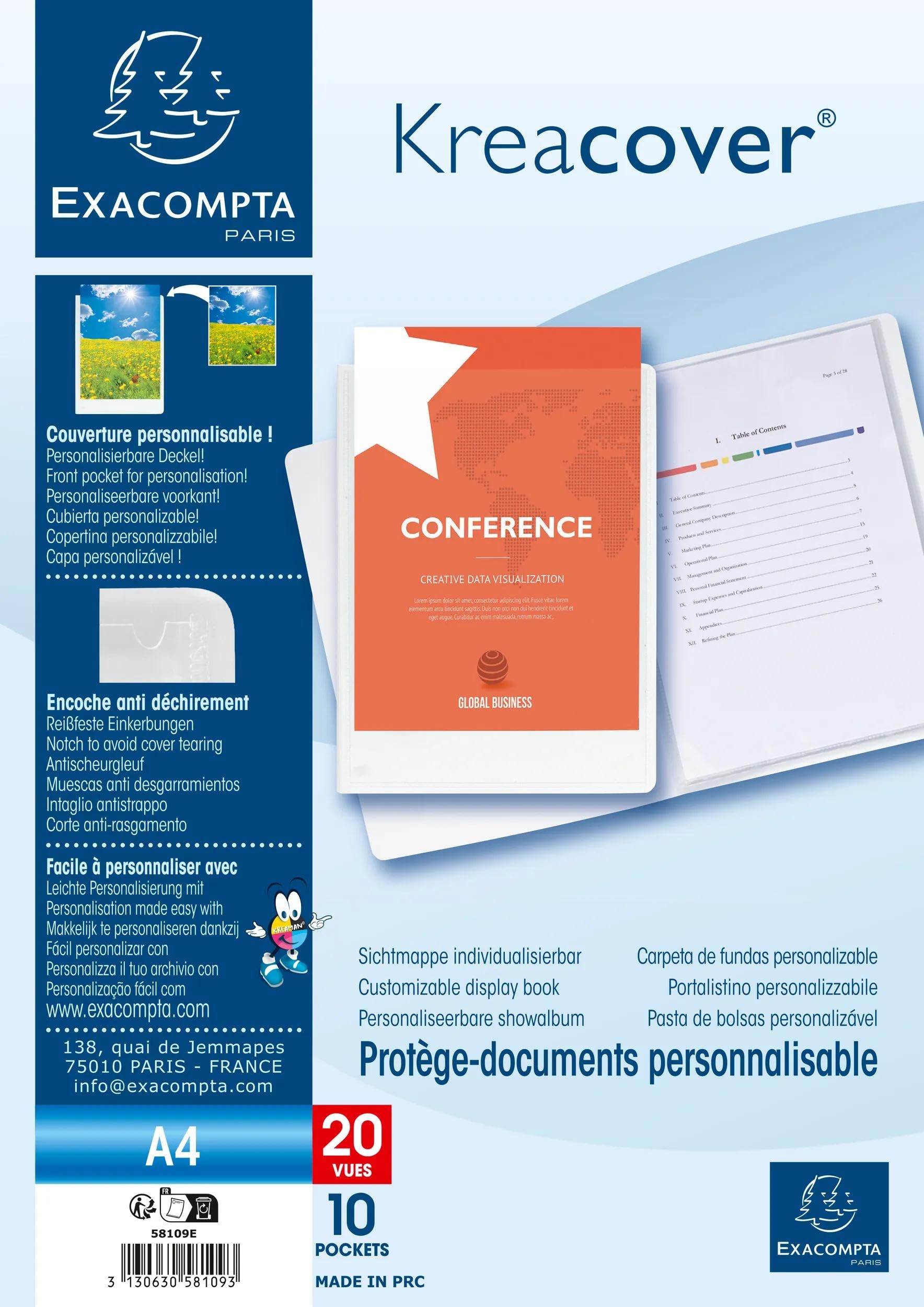 Exacompta 58109E 20er Pack Sichtmappe KreaCover Chromaline aus Kunststoff DIN A4 mit 10 Klarsichthüllen, 20 Sichten, Tasche am Vorderdeckel zum selbstgestalten, Aktenhülle, farbig sortiert