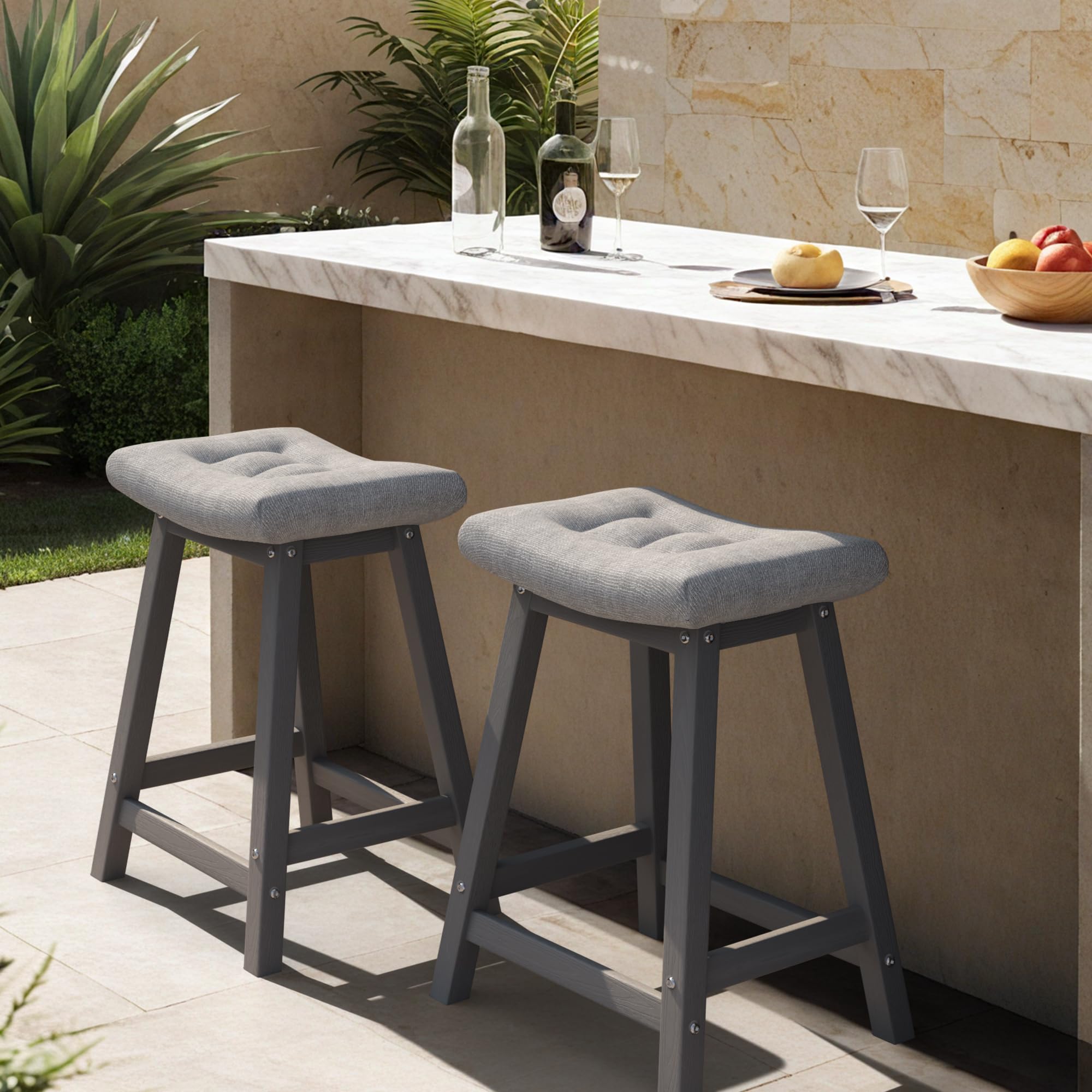 Ciokea 2 Set 24" Outdoor Bar Stools with Cushions, Heavy Duty HDPE Counter Height Bar Stools Weatherproof Patio Seats Modern Waterproof BarStools for Bar Deck Balcony Kitchen Counter Yard, Grey