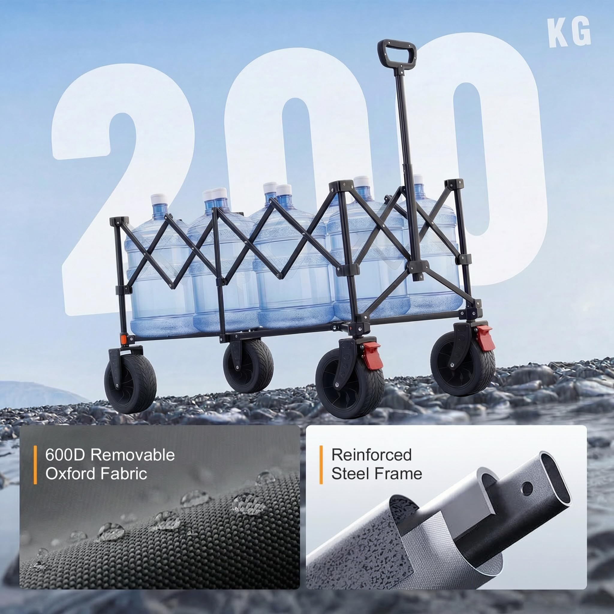 Overmont Carro Plegable XXL 118 cm - 270 L Gran Capacidad, Carga hasta 200 kg - Carro de Transporte Alta Resistencia con Ruedas Grandes Todo Terreno, Modelo Alargado - para Playa, Jardín y Compras