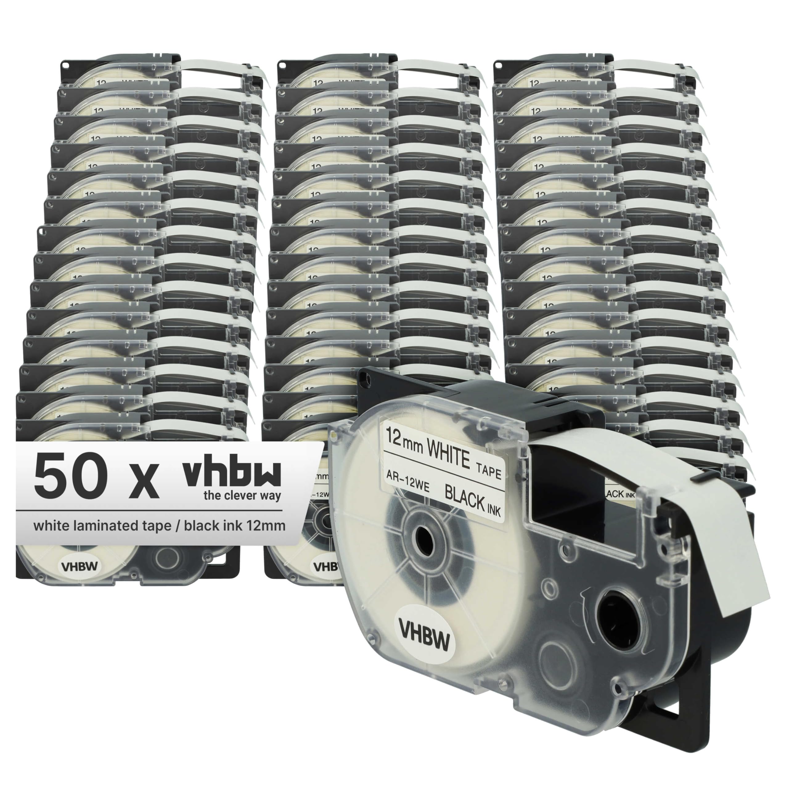 vhbw 50x Cassetta nastro sostituisce Casio XR-12WE, XR-12WE1 per etichettatrice 8m x 12 mm nero su bianco