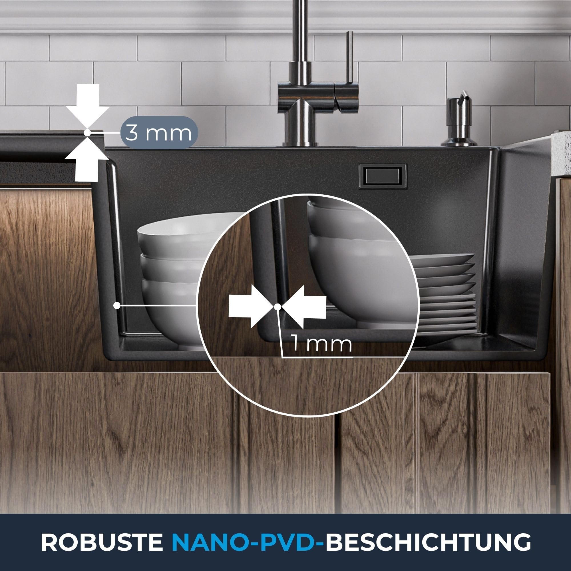 ANW HOME Spülbecken Küche 1 Becken 78x50 cm, Graphit PVD