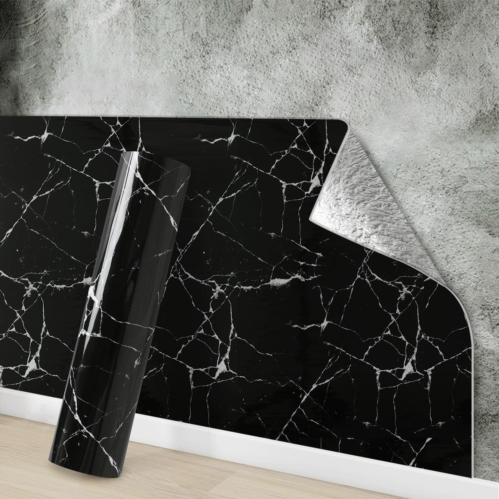 Tarwanear Tile Stickers Marble 4 Roll 3mx40cm Waterproof Oil Proof Self Adhesive Wall Tiles PVC Wall Stickers Black Peel and Stick on for Kitchen Bathroom Home Decor — image 1