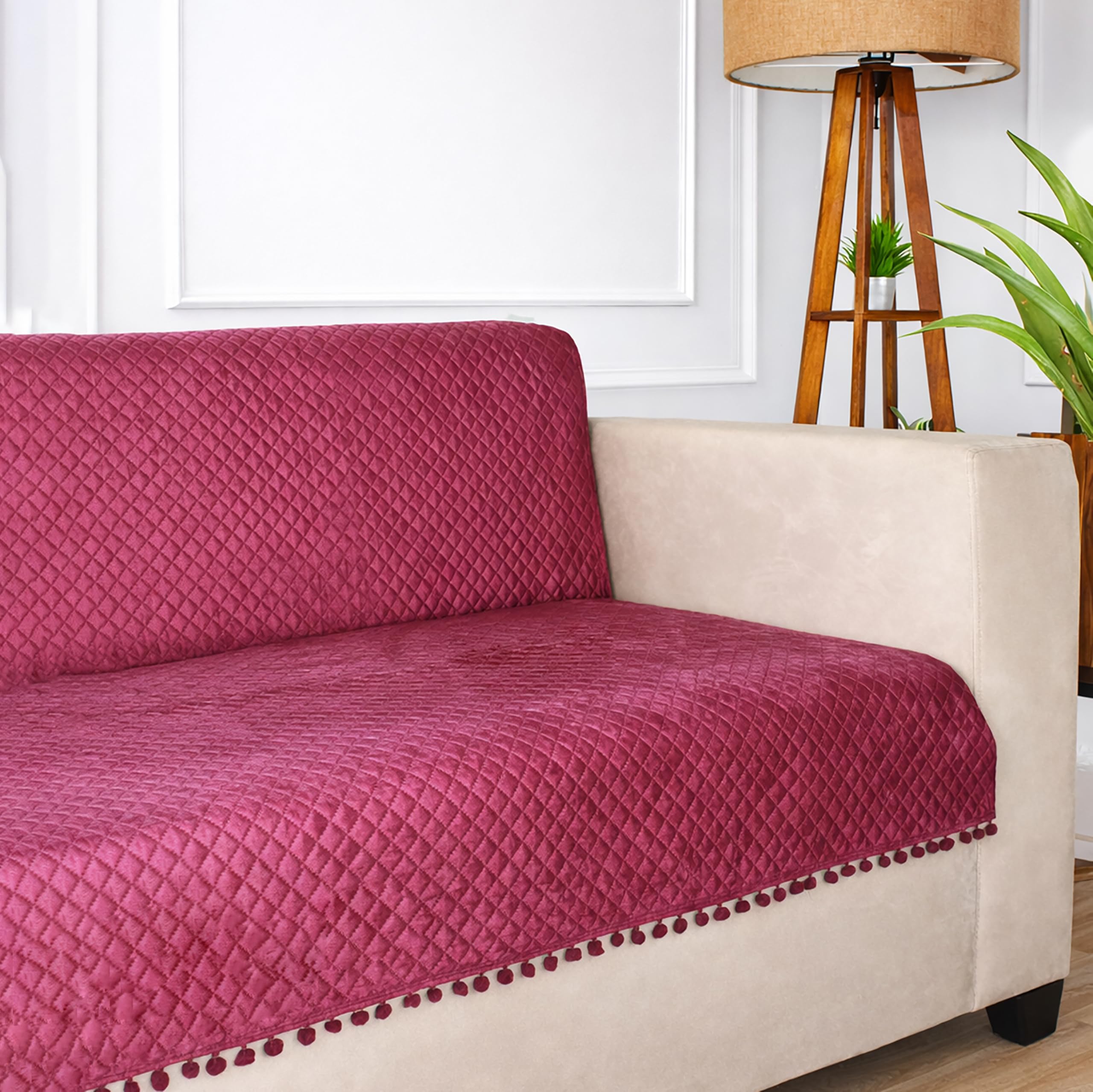 STITCHNEST 'Maison Plush Series' Quilted Velvet Sofa Cover 2 Seater Fully Covered | Premium Soft Fabric, Washable & Fade Resistant | Peach Sofa Protector with Pompom | Size 48x60 Inch