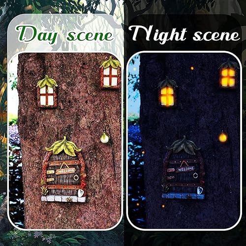 Miniatura 2 de Ventana y puerta de casa de hadas de gnomo en miniatura para árboles, brilla en la oscuridad, escultura de jardín, adorno de césped, decoración de