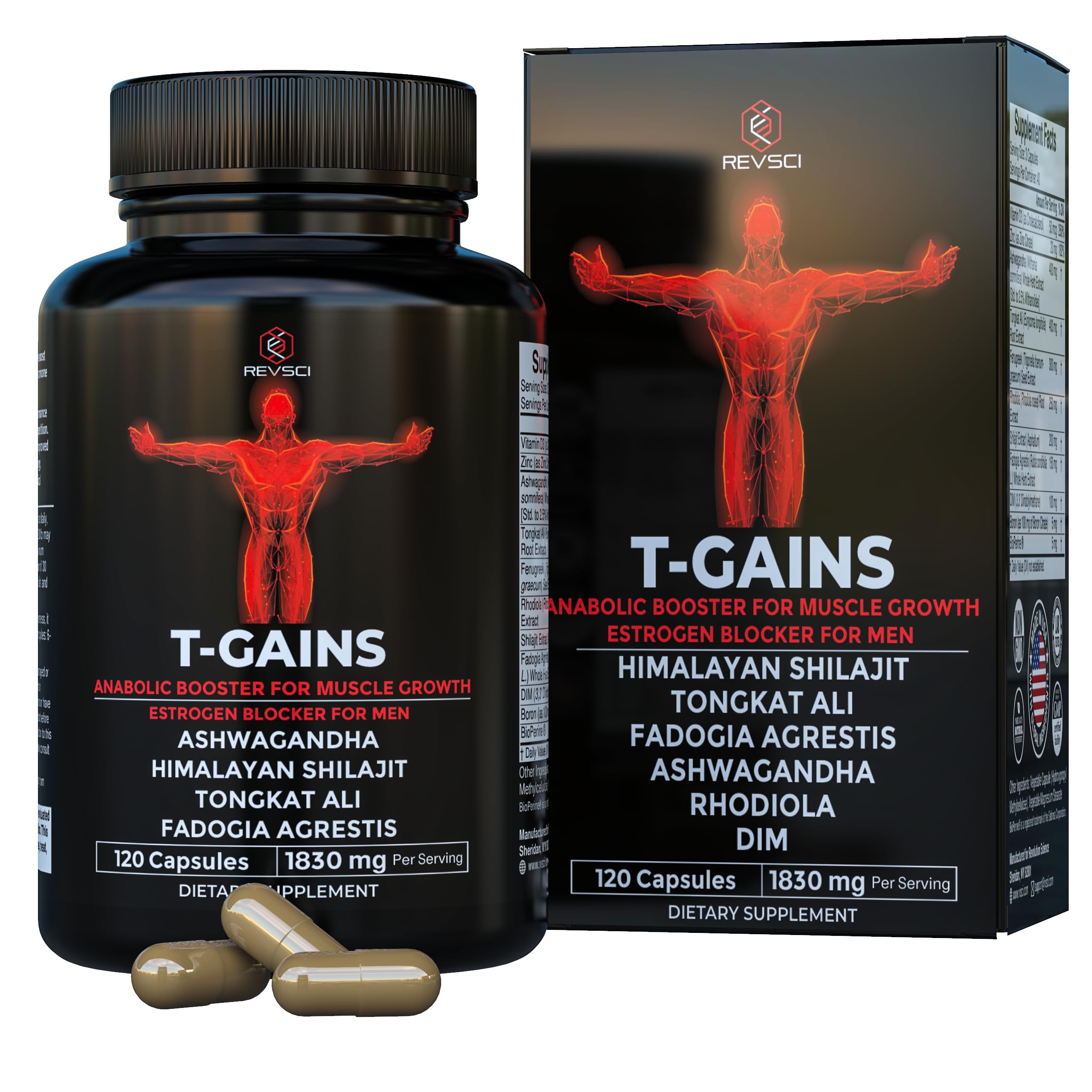 Anabolic Booster & Muscle Builder, T-GAINS Testosterone Supplement for Men, TRT Test Booster & Estrogen Blocker, HGH Supplements for Men - Tongkat Ali Fadogia Agrestis for Muscle Growth, 120 Caps
