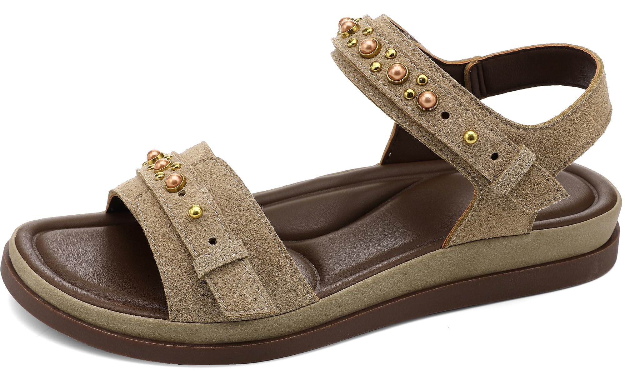 UBFEN Womens Flat Sandals with Adjustable Back Strap, Arch Support 6.5 Khaki