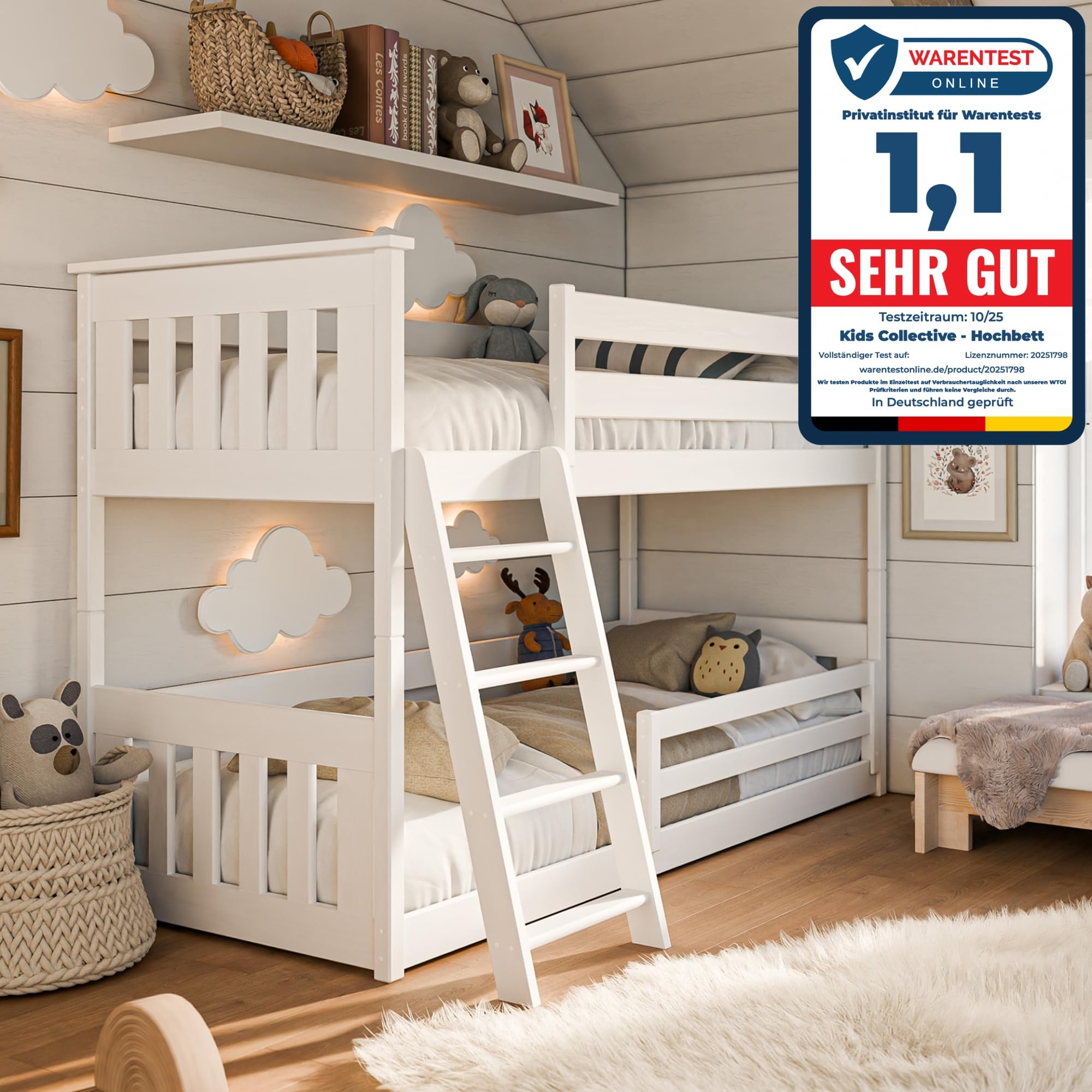 Kids Collective Hochbett 90x200 cm mit Rausfallschutz & Zwei Lattenroste in weiß Mädchen Jungen Bett Kinderbett Jugendbett 90x200 cm | von 4. bis 18. Lebensjahr