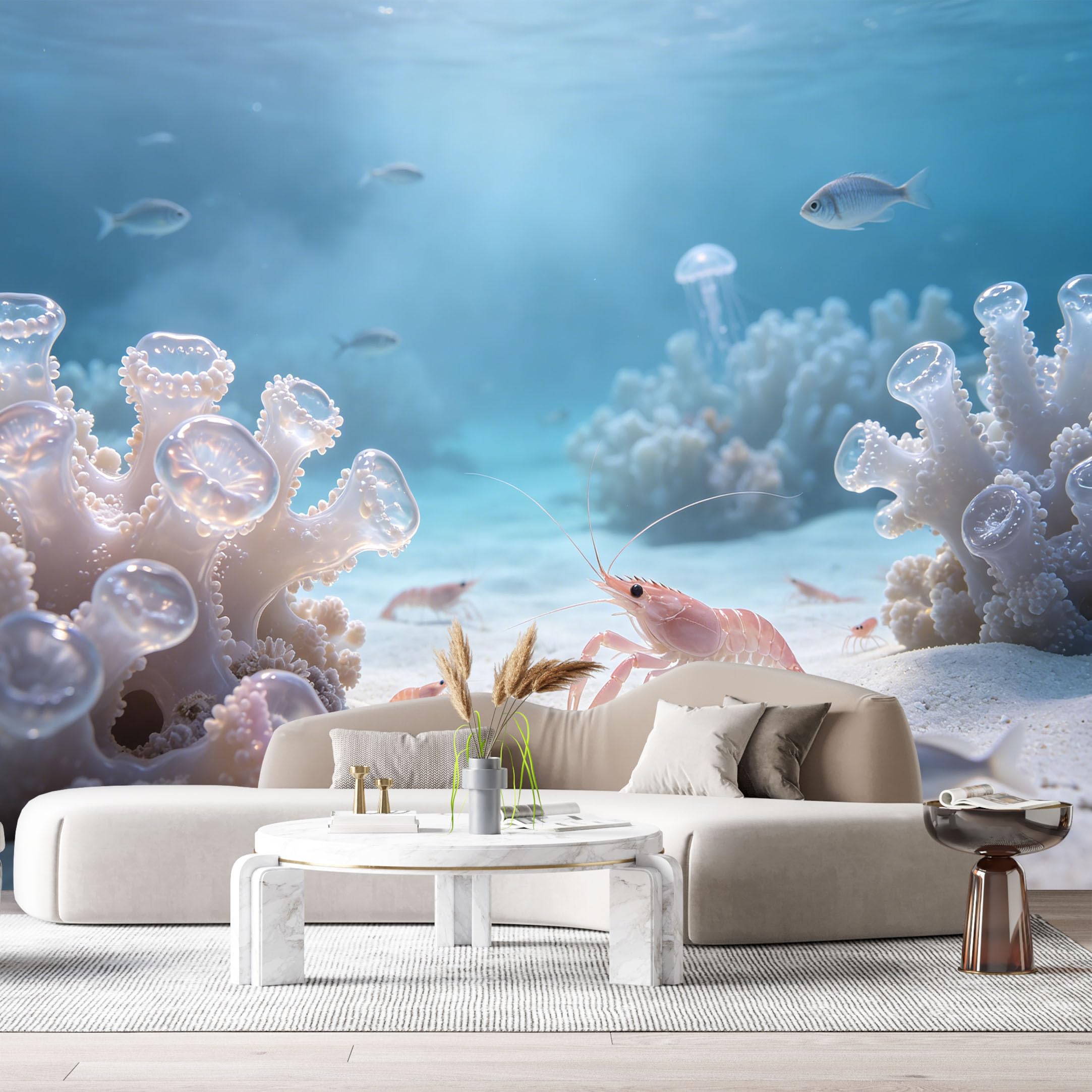 Custom Size Wall Murals Ocean Marine Watercolor White Coral Pink Shrimp Fishes Underwater Scenery SelfAdhesiveWall Fabric Removable Wallpaper Wall Decor for Living Room Bedroom Bathroom