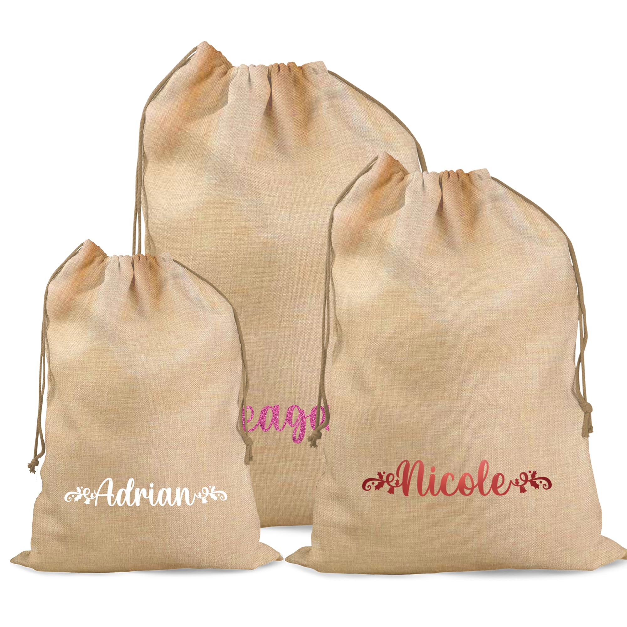 Print Maniacs Brown Jute Personalised Santa Sacks With Stockings, Customised Santa Sacks With Names, Custom Stocking Santa Sacks, Customise Santa Sack, Personalised Christmas Cotton Stocking Gifts For Kid, Baby, Pet, Family