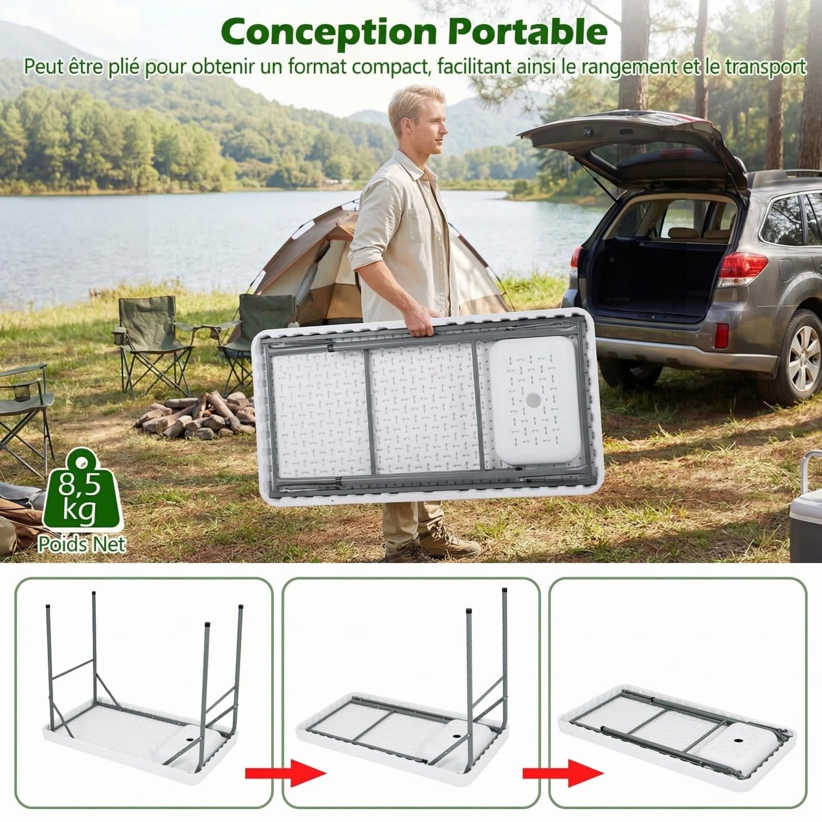 COSTWAY Table de Pêche Pliante avec Évier et Structure Métallique