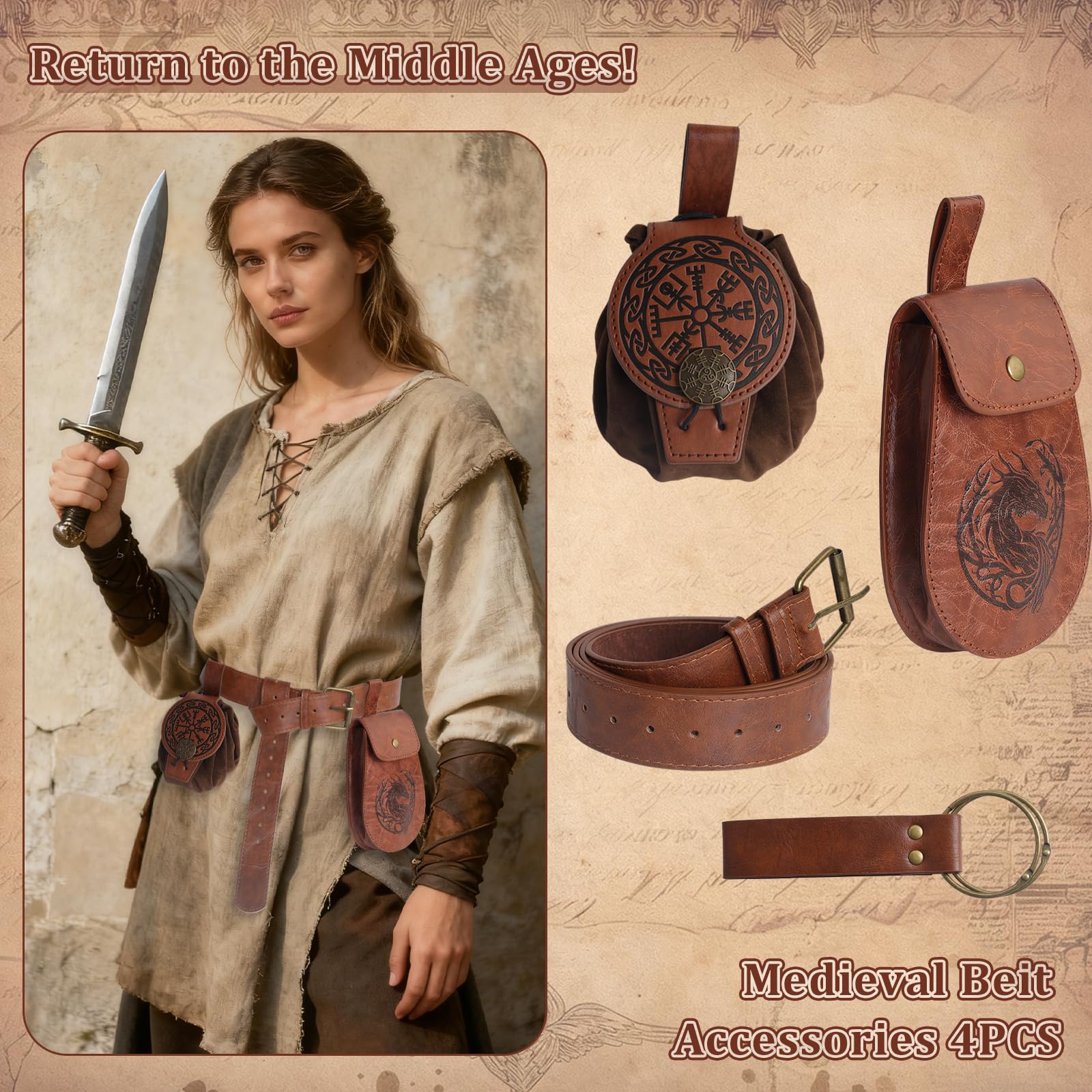 Ceinture Médiévale avec Sac Viking Ceinture, 4 Pièces Ceinture Médiévale Costume Accessoires, Viking Belt pour Fête Elfe Sorcière Cosplay Renaissance Halloween