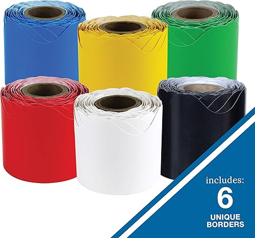 Miniatura 2 de Carson Dellosa - 6 rollos de bordes festoneados para tablón de anuncios de 216 pies, bordes azules, amarillos, verdes, rojos, negros y blancos para