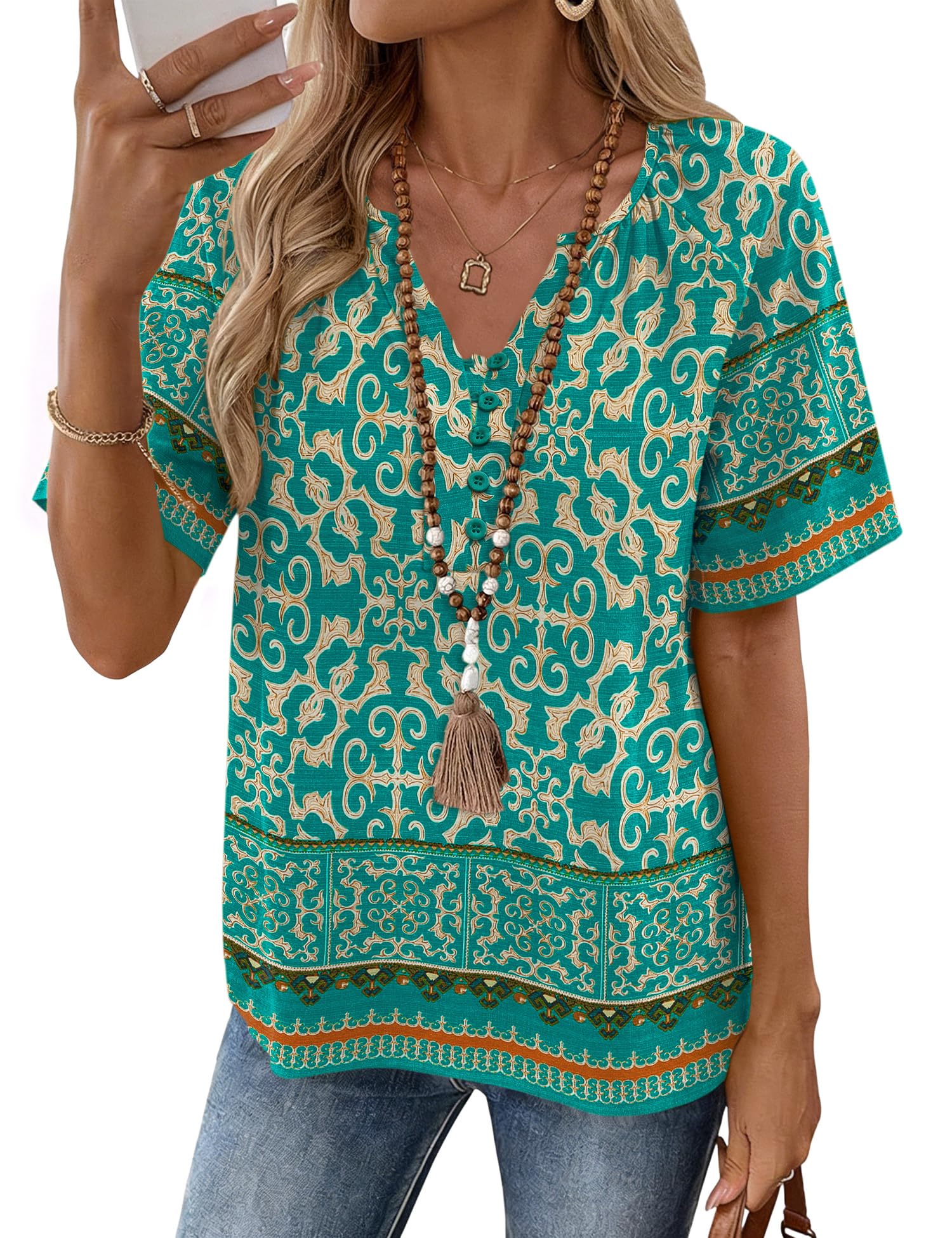 Rapbin Womens Summer Boho Tops Casual Short Sleeve Blouses Button Down Shirts 2026 Beach Vacation Clothes — view 14