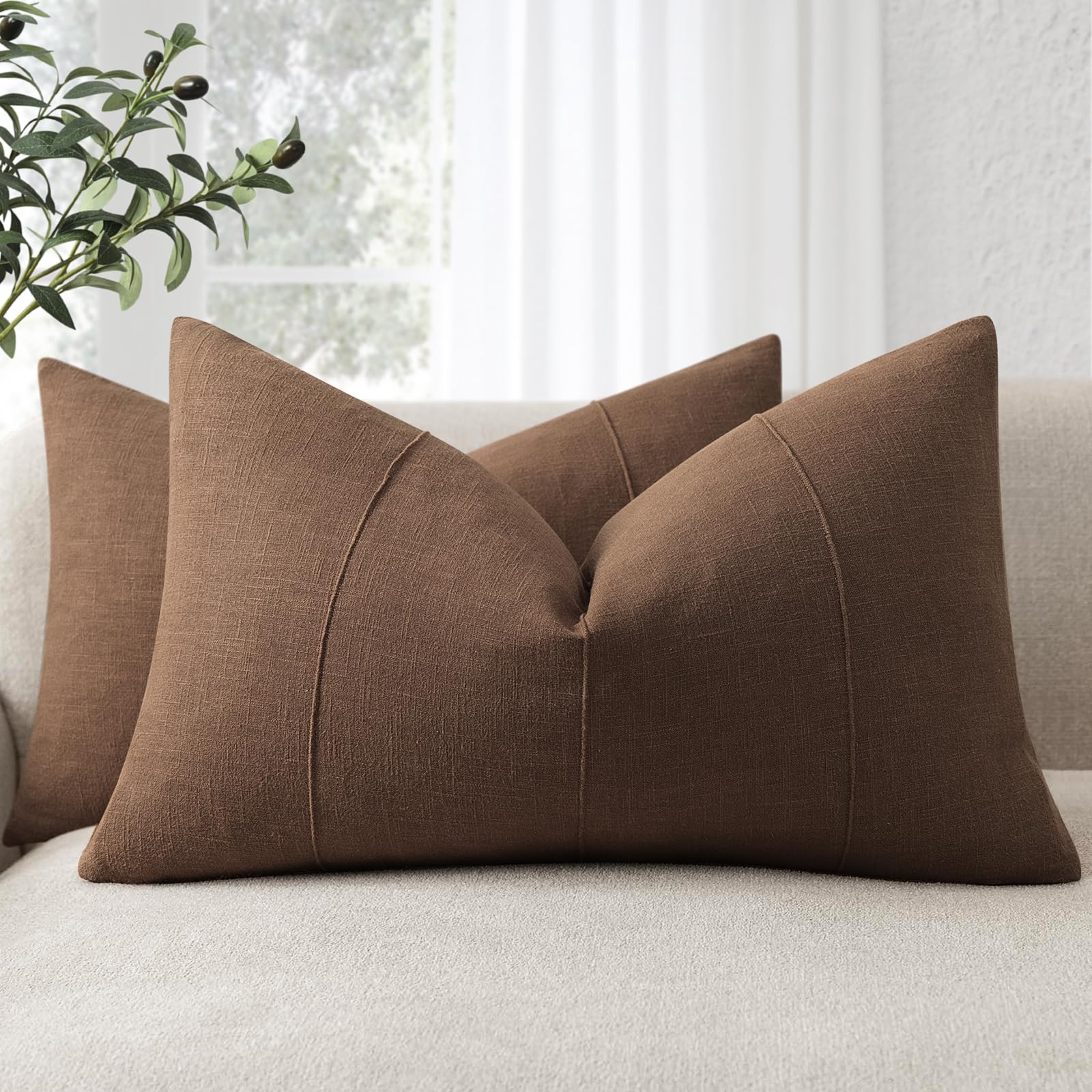 ZWJD Decorative Linen Cushion Covers 40x60 Set of 2 Solid Handcrafted Striped Throw Pillow Covers Soft Modern Farmhouse Neutral Cushion Covers for Sofa Bedroom Living Room Home Decor (Brown)