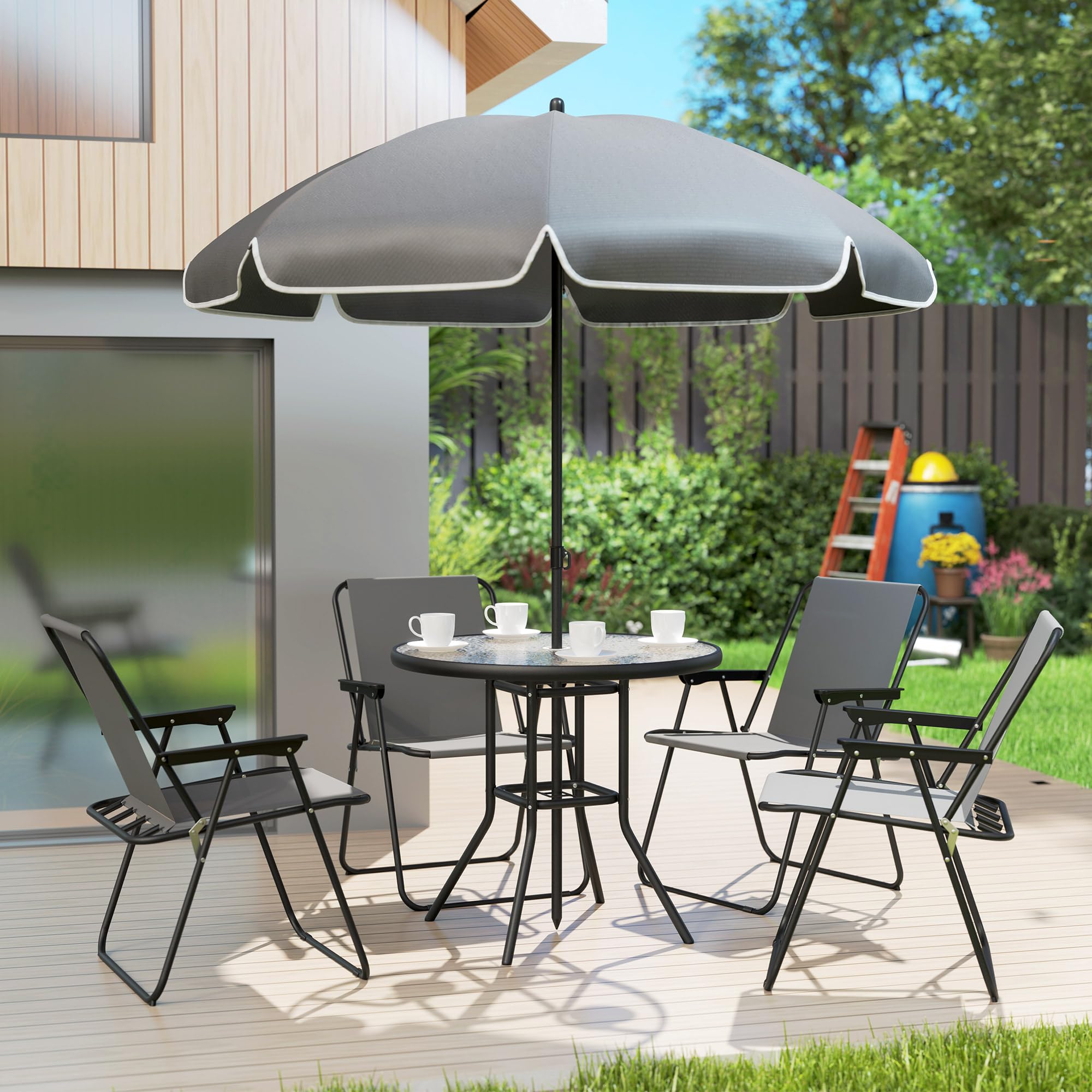 Outsunny zestaw 6-częściowy mebli ogrodowych: 4 krzesła składane, stół szklany, parasol, patio, taras, szary