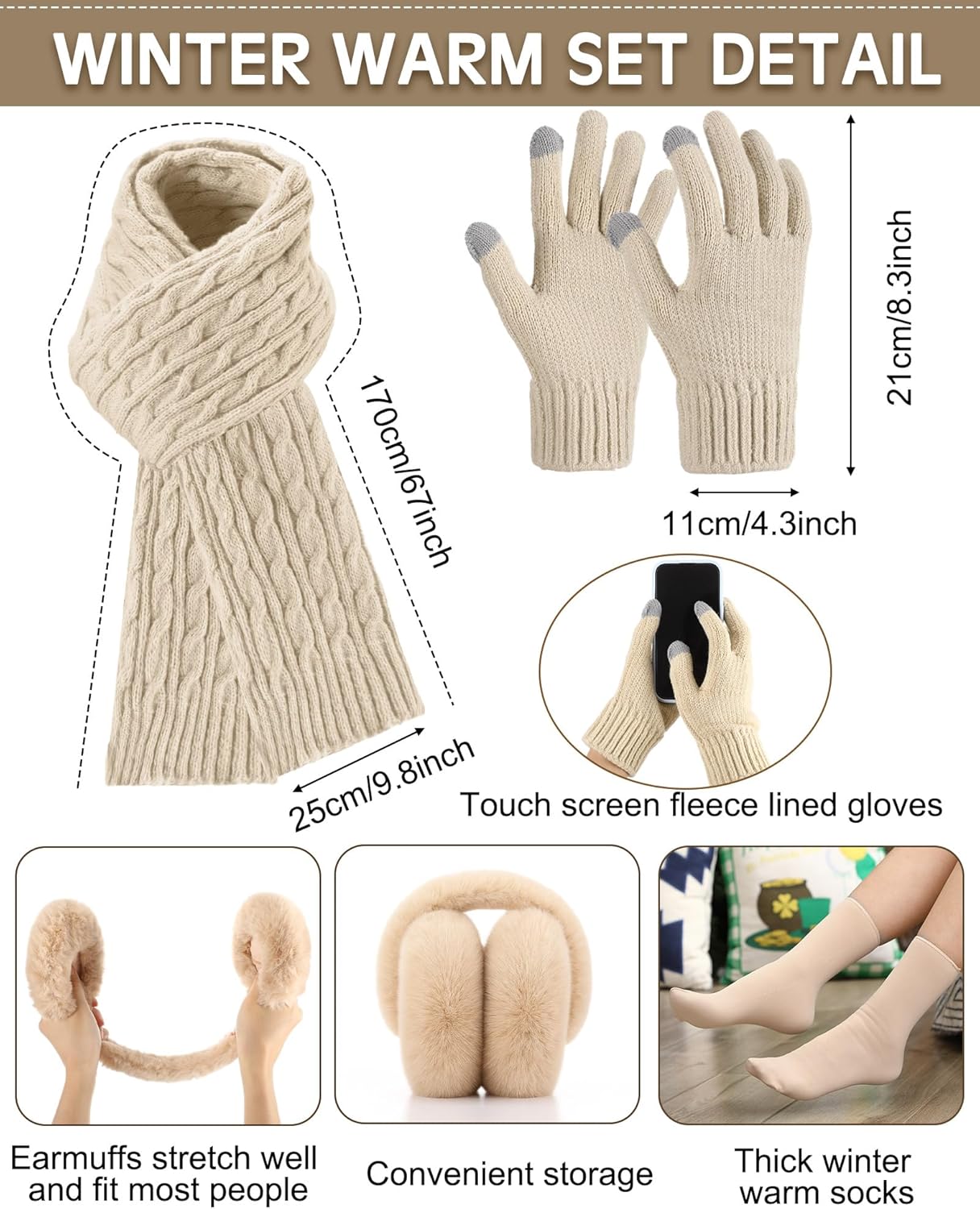 Geyoga 6 Pcs Winter Warm Fleece Knit Hat Long Scarf Touchscreen Gloves Ear Muffs Socks Sets, Winter Warm Gifts for Women - Image 3