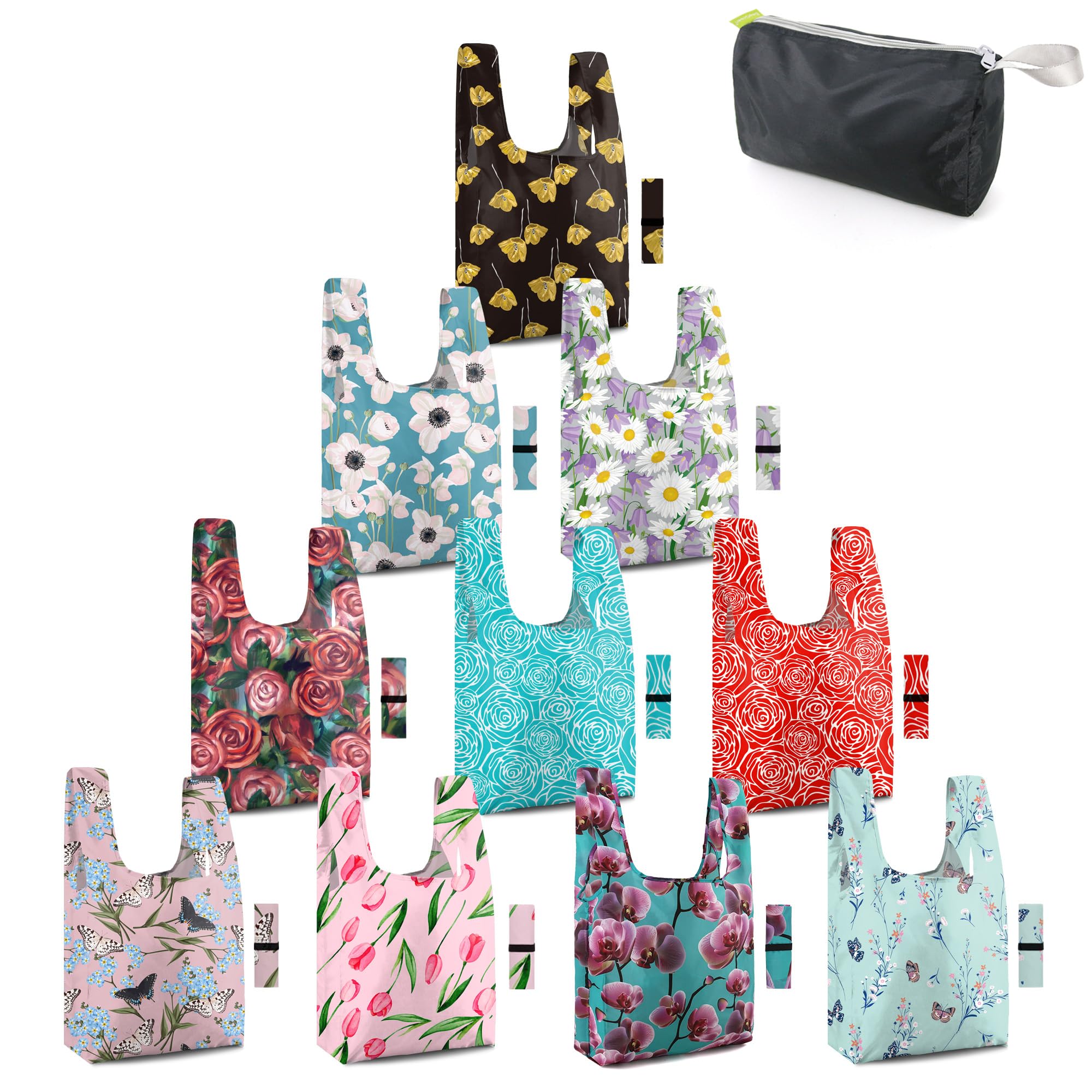 BeeGreenBeeGreen 10 Pack Fashion Flower Reusable Grocery Bags 50 LBS Grocery Totes Nylon Foldable Heavy Duty Washable Xlarge Lightweight for Shopping Kitchen with Elastic Band and Separated Storage Pouch