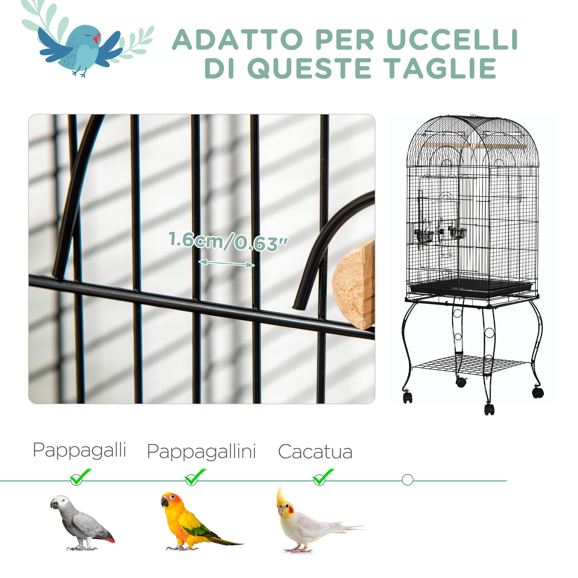 PawHut Gabbia per Uccelli e Canarini con Ruote e Vassoio Estraibile, Voliera per Pappagallini in Acciaio, 51x51x153 cm, Nero
