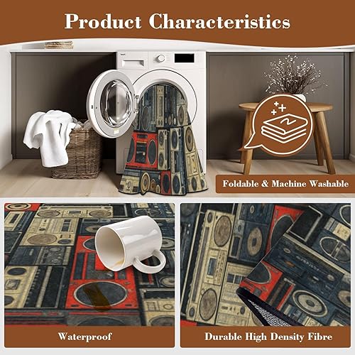 Miniatura 6 de Alfombra grande lavable de 6 x 9 pulgadas para sala de estar, collage retro Boombox de cassette, reproductores de cinta, altavoces, alfombra de