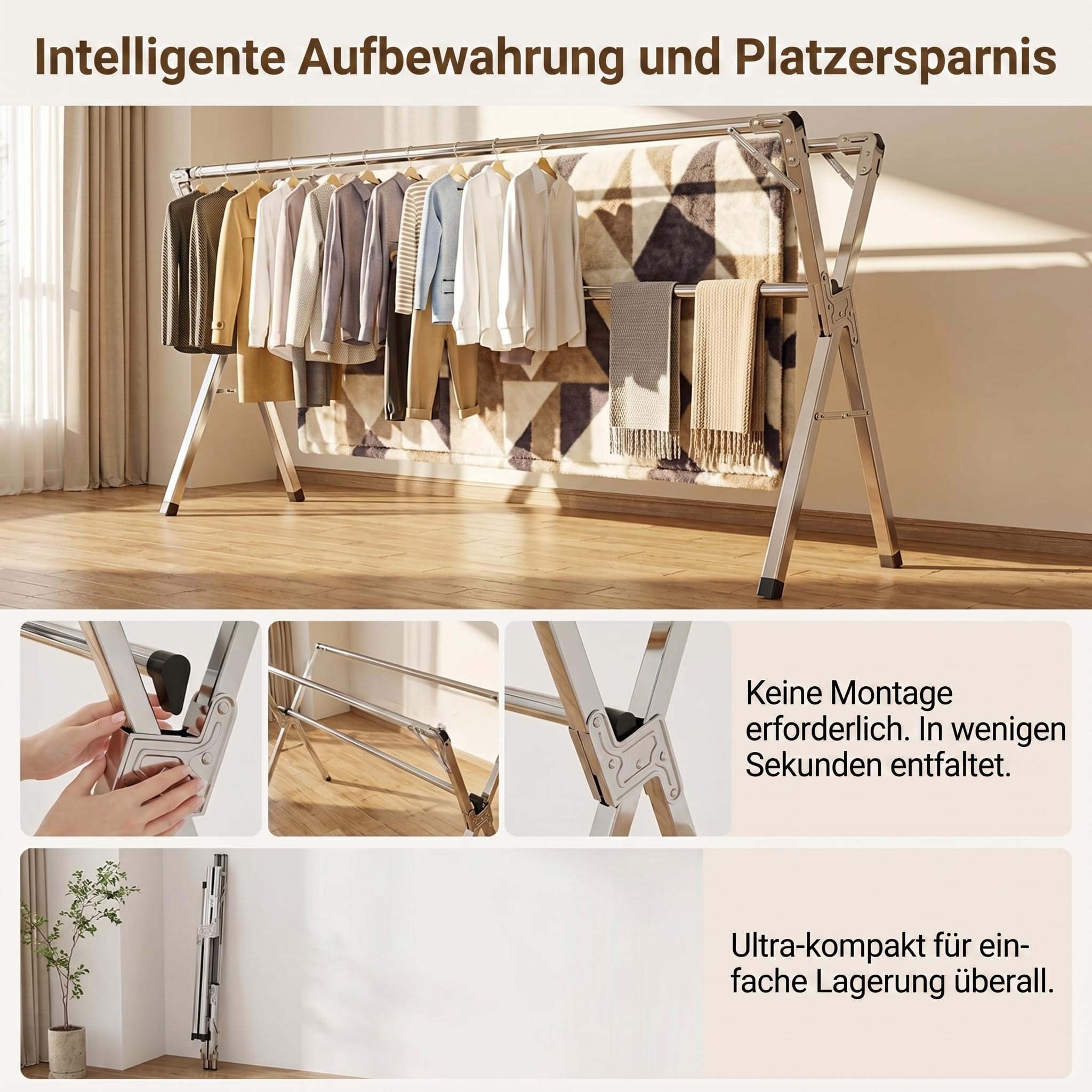 Wäscheständer, faltbar, Edelstahl, Typ Tancarville, Wäscheständer für drinnen und draußen, verstellbarer Wäscheständer 140 – 240 cm, 60 kg pro Stange, mit 40 Haken, winddicht