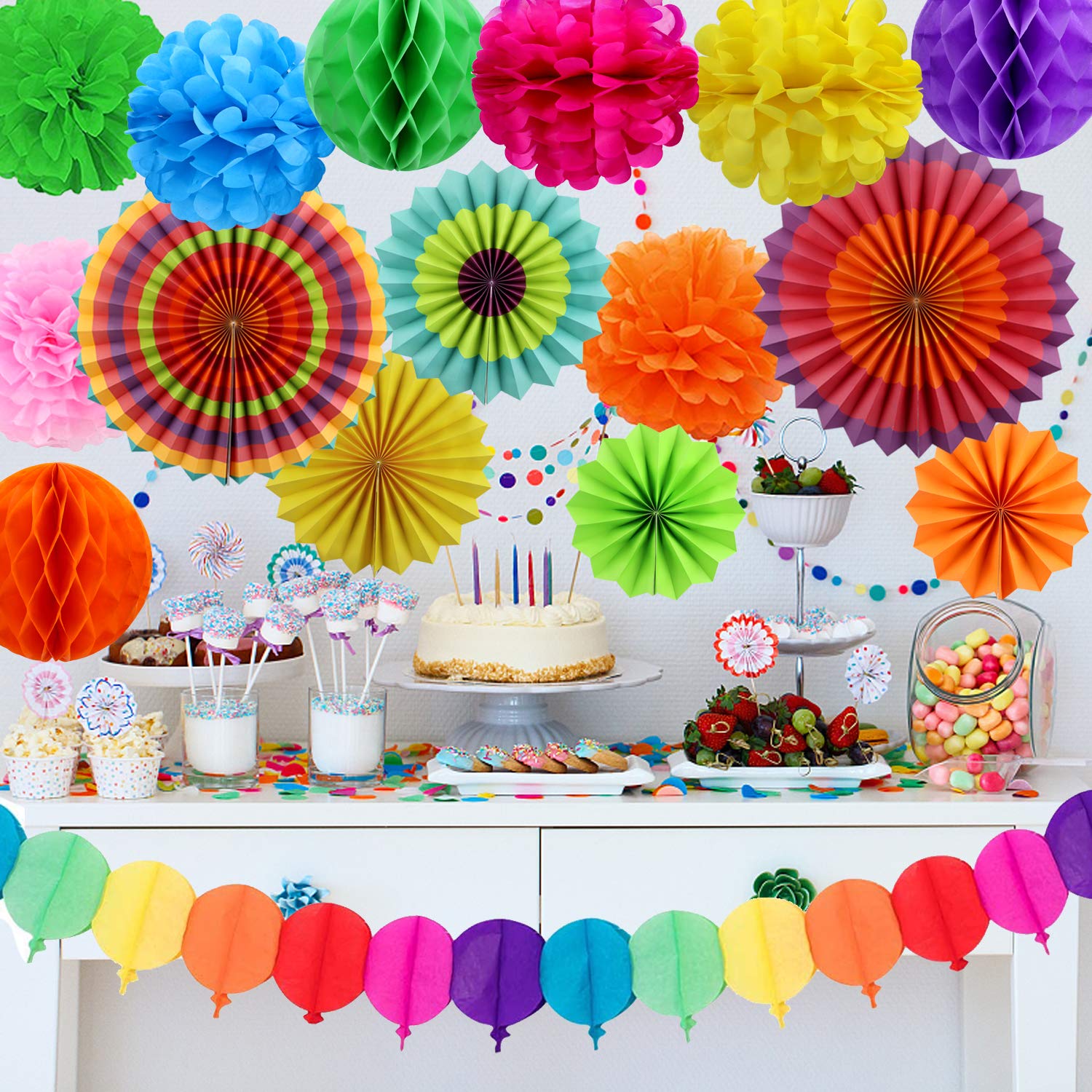 Colorful Scalloped Paper Fan Garland - 8 Foot Party Decoration For Birthdays & Events