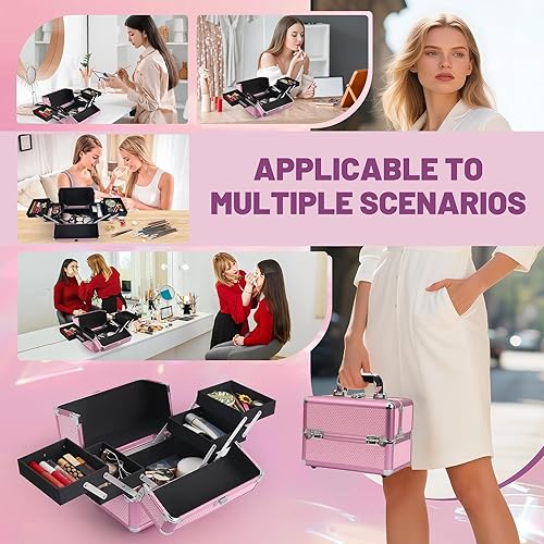 Miniatura 7 de Estuche de tren de maquillaje, estuche organizador de cosméticos, caja de maquillaje portátil, estuche de viaje para artistas de maquillaje con 4