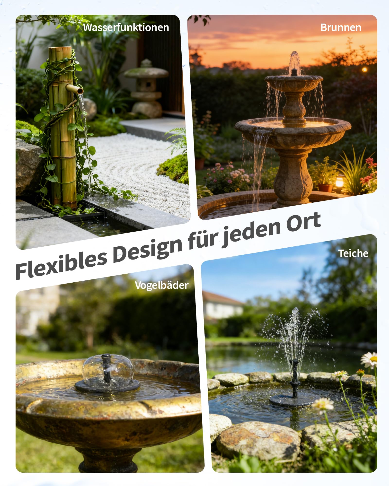 POPOSOAP Bomba solar para estanque, Solarbrunnen de 12W con batería de 4200 mAh, funcionamiento diurno y nocturno, Fuente decorativa para estanques de jardín, Montaje sencillo