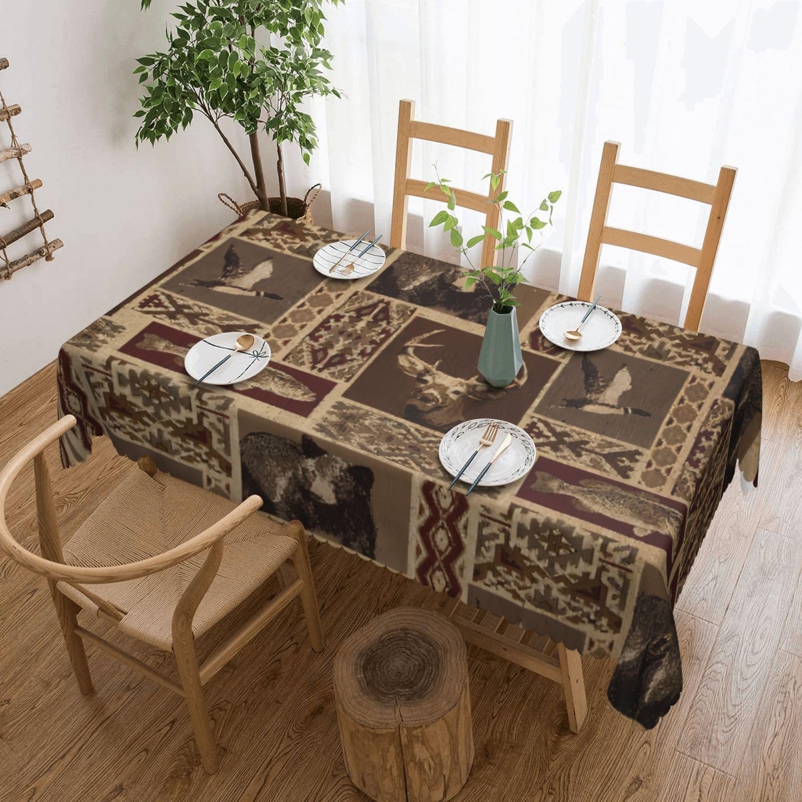 QAZWZML Moose Bear Deer Printed tablecloth, made of thick polyester with lace trim, suitable for dining rooms, picnics, and weddings