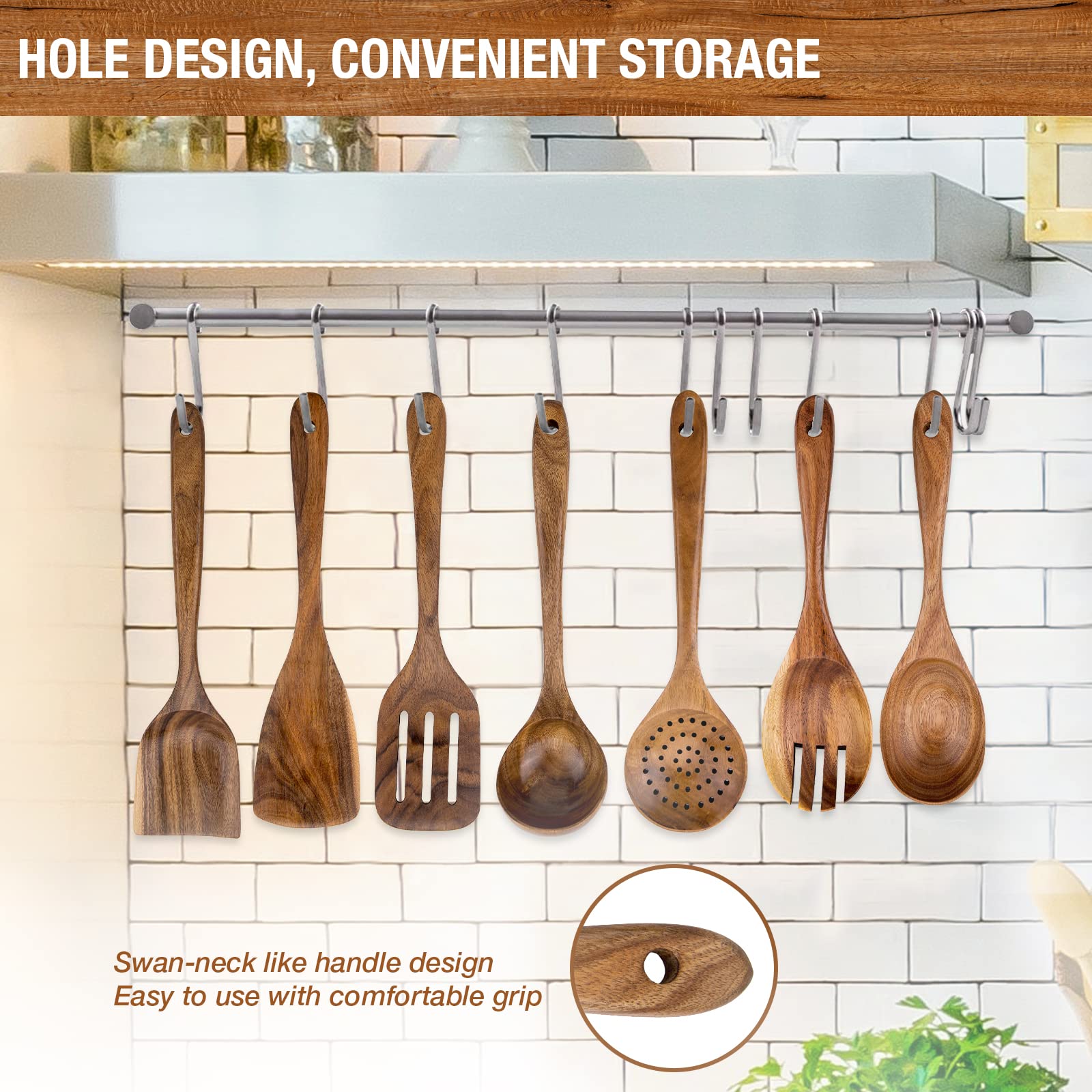 Premium Teakholzlöffel zum Kochen, 10-teiliges antihaftbeschichtetes Küchenhelfer-Set, hitzebeständige Holzlöffel, Schöpflöffel, Pfannenwender, mit 7 Edelstahl-Haken für Organisation